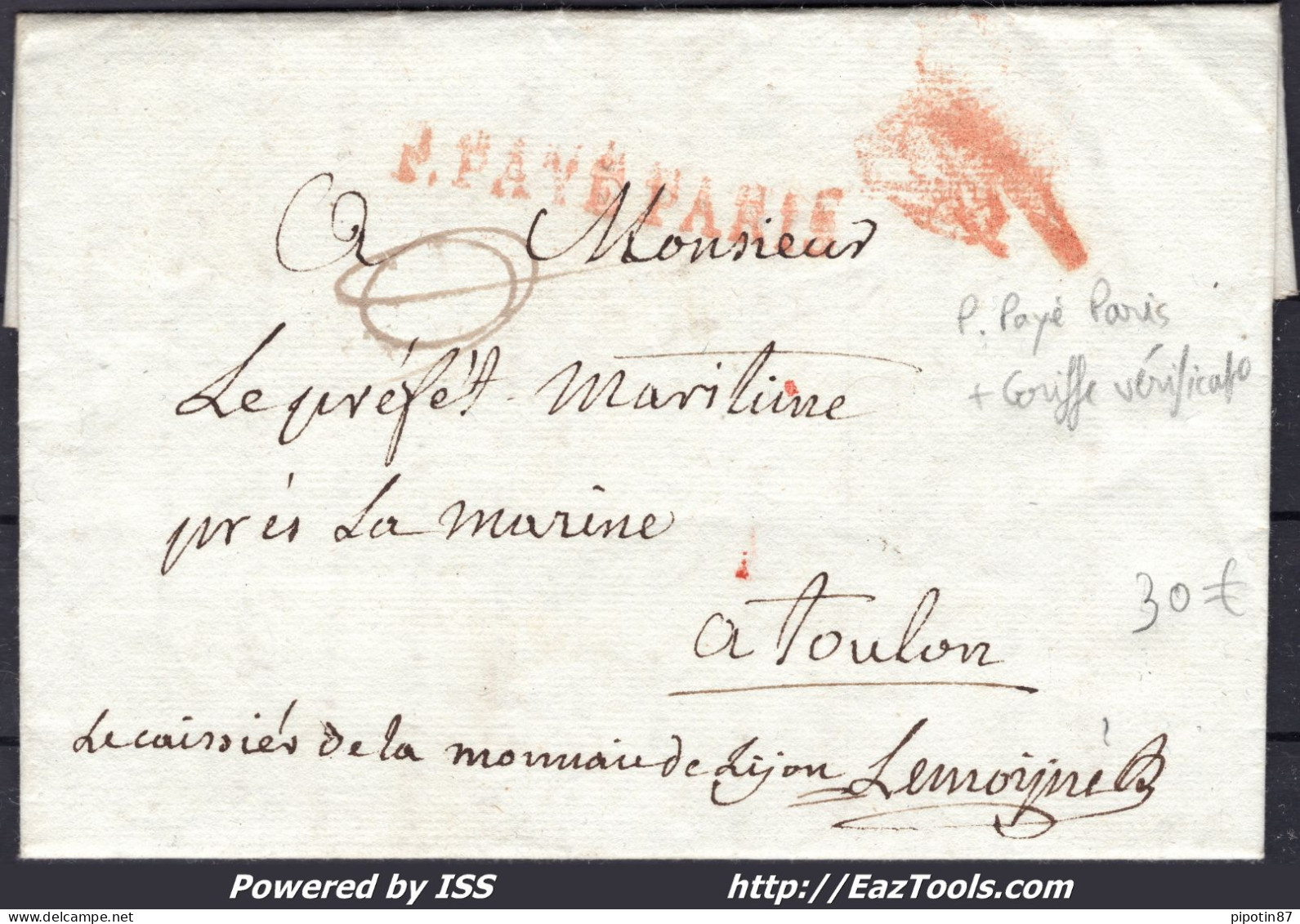 FRANCE MARQUE POSTALE AVEC GRIFFE ROUGE P.PAYÉ PARIS + GRIFFE DE VÉRIFICATION - 1801-1848: Precursors XIX