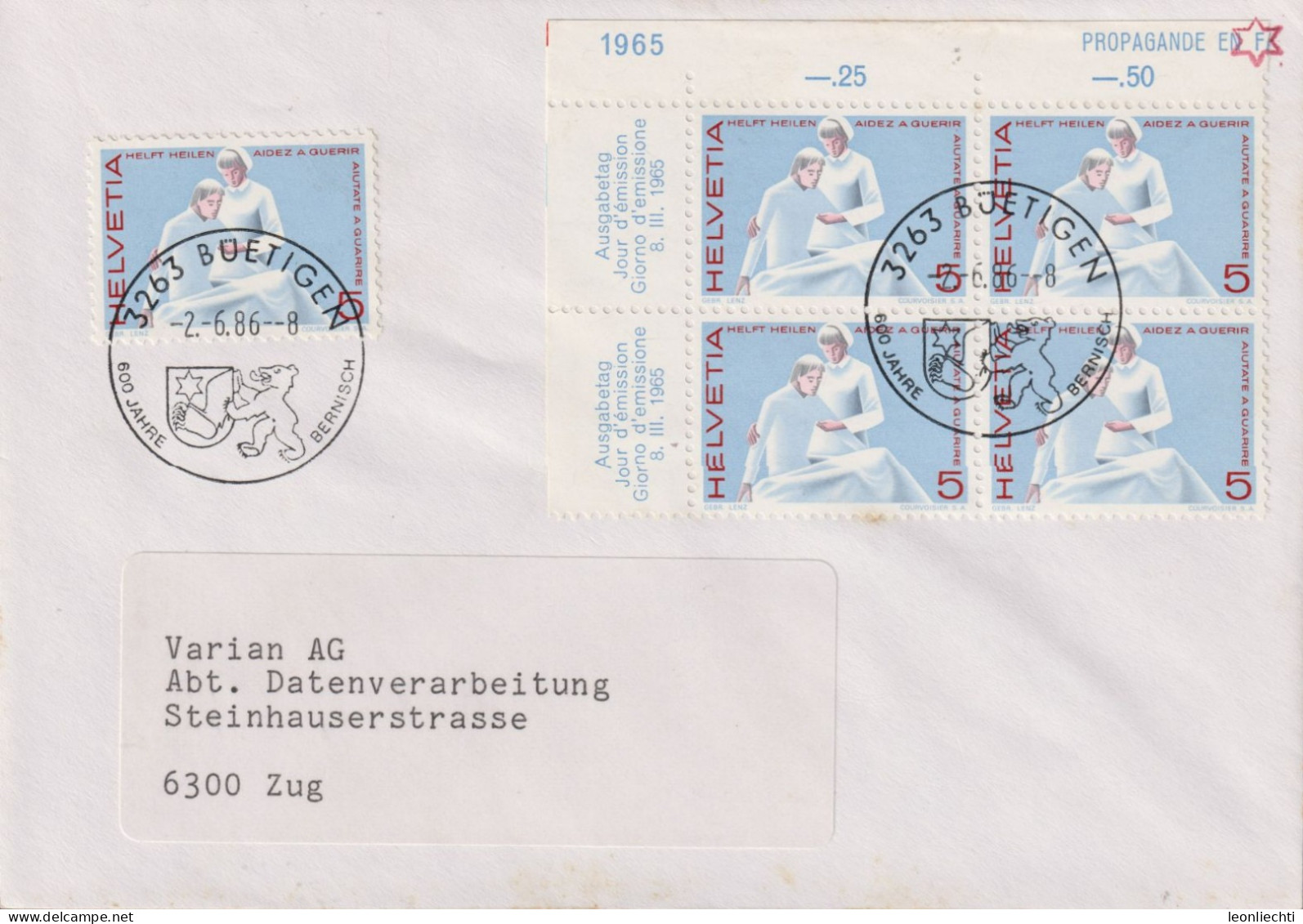 1986 Schweiz Brief ° 3263 BÜETIGEN, 600 Jahre Bernisch 2.6.86, Zum:CH 428, Mi:CH 808 Helft Heilen - Marcophilie