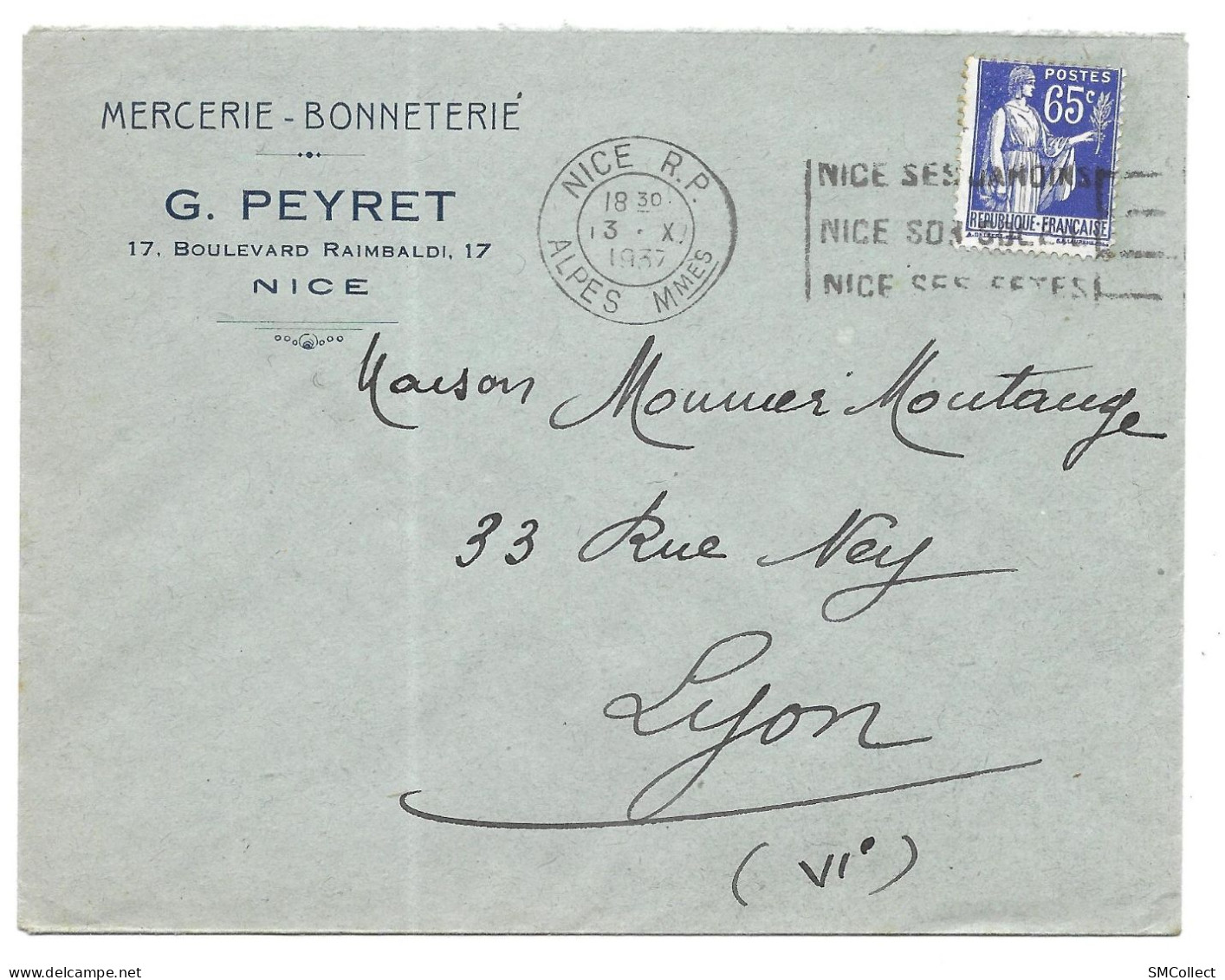 Nice 1937. Enveloppe à En-tête De La Mercerie G. Peyret, Voyagée Vers Lyon (AS) - 1921-1960: Modern Period