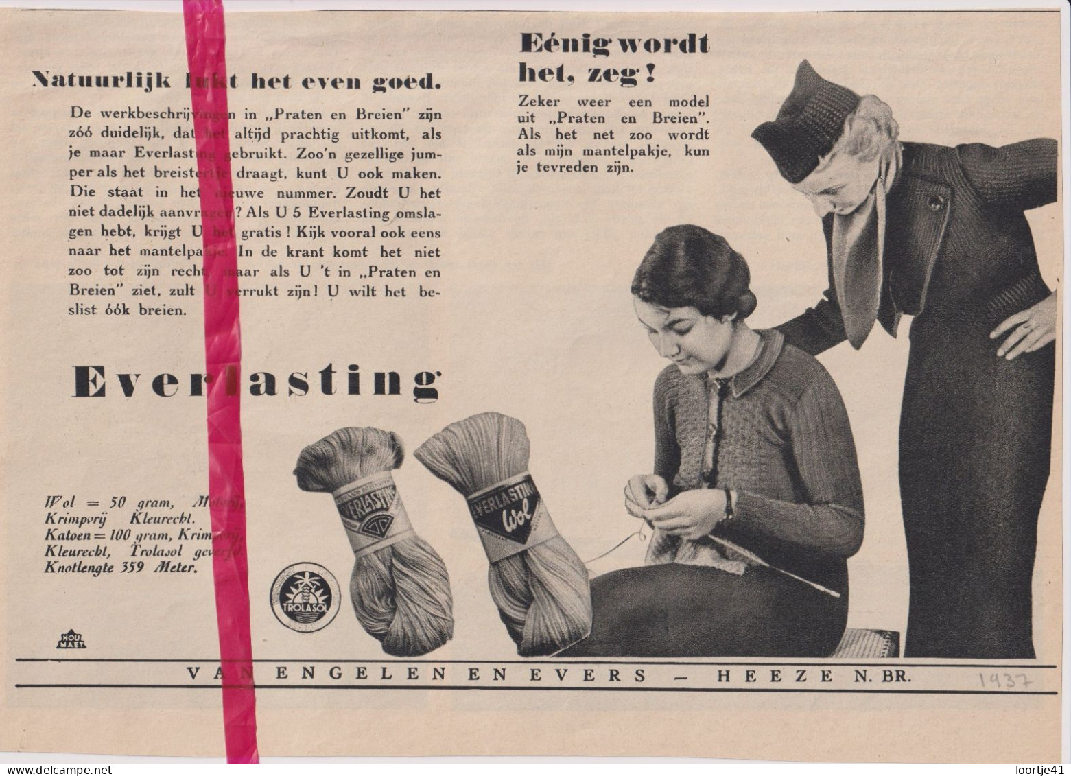 Pub Reclame - Everlasting Wol, Van Engelen & Evers , Heeze - Orig. Knipsel Coupure Tijdschrift Magazine - 1937 - Zonder Classificatie