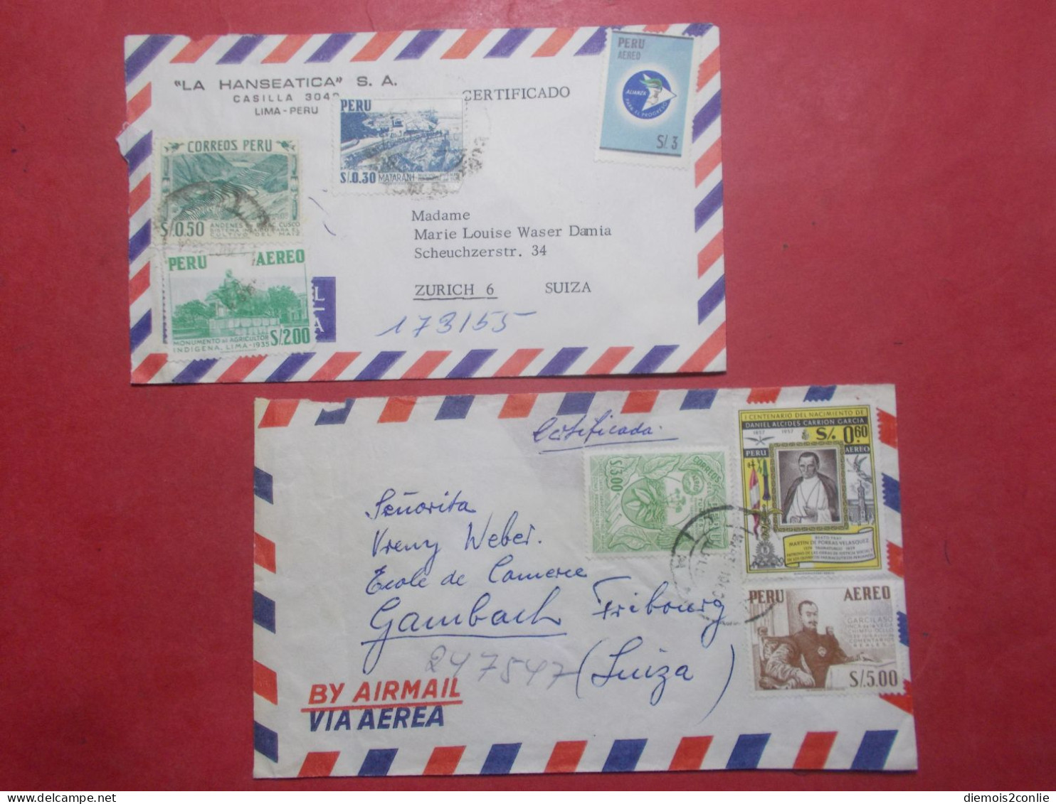 Marcophilie - Lot 2 Lettres Enveloppes Oblitérations Timbres PEROU Destination SUISSE (B329) - Perú