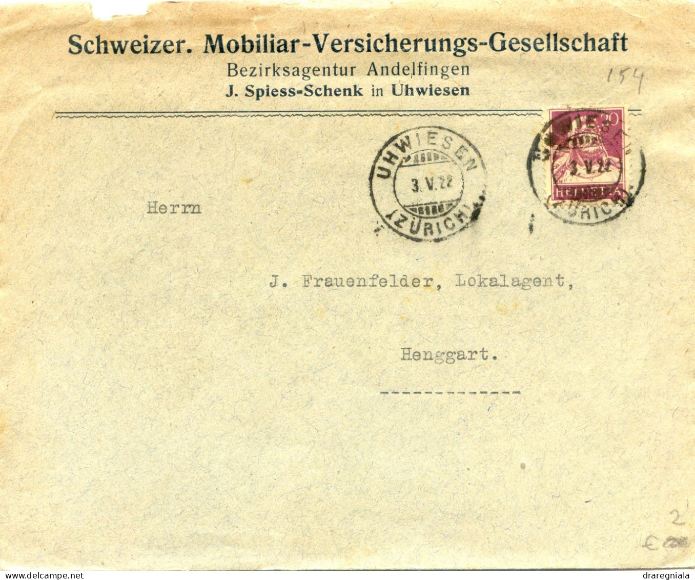 Mail Von Uhwiesen 1922 - Schweizer Mobiliar Versicherungs Gesellschaft  - Tellbrustbild 154 - Marcophilie