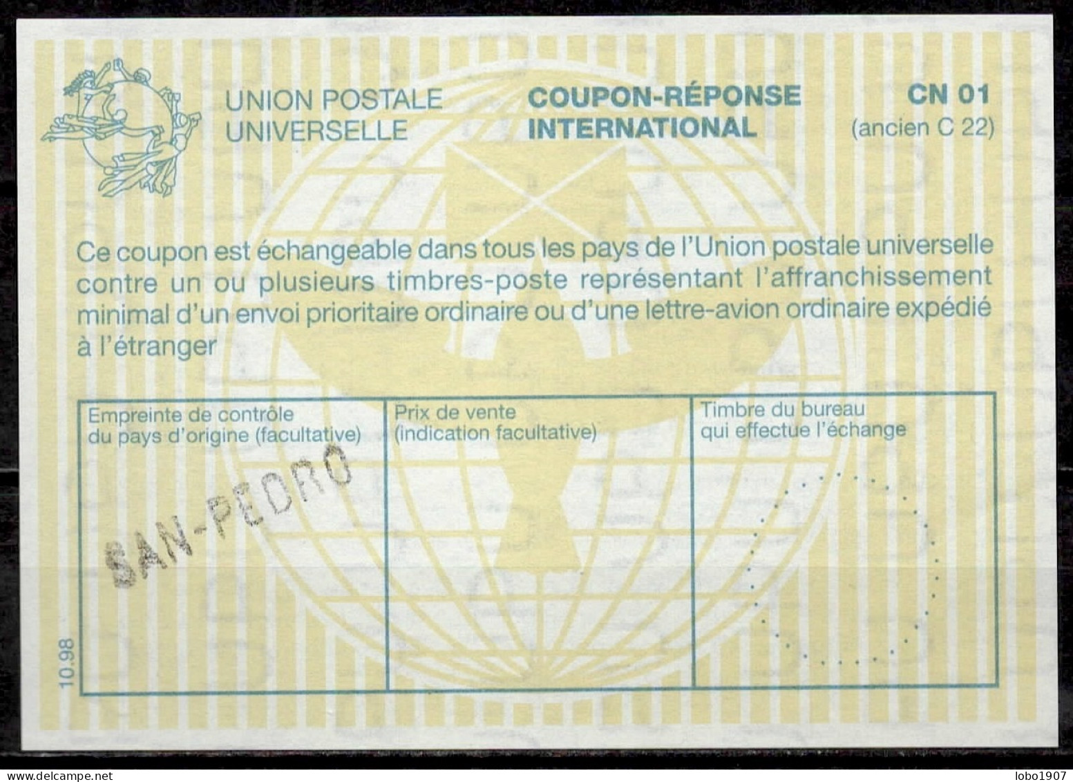 CÔTE D'IVOIRE IVORY COAST  La30  International Reply Coupon Reponse Antwortschein IRC IAS O SAN PEDRO - Côte D'Ivoire (1960-...)