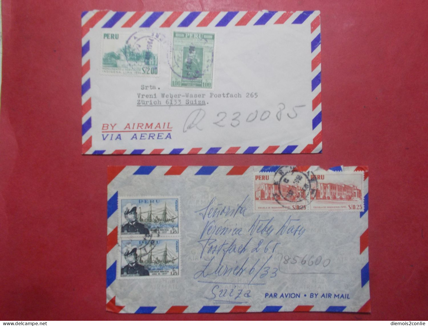Marcophilie - Lot 2 Lettres Enveloppes Oblitérations Timbres PEROU Destination SUISSE (B331) - Pérou