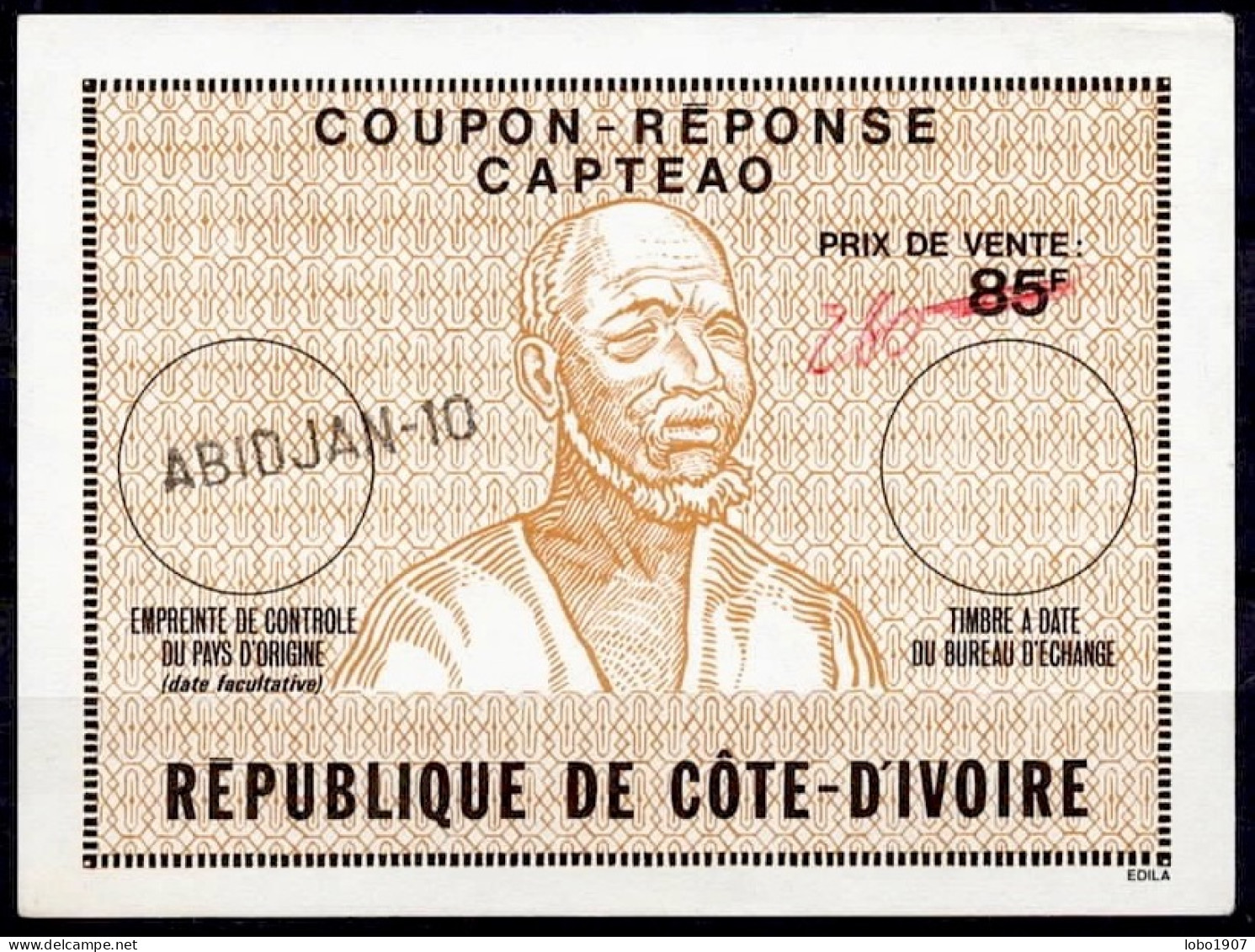 RÉPUBLIQUE DE CÔTE D'IVOIRE  Ca1  280 / 85F  CAPTEAO Reply Coupon Reponse Antwortschein IRC IAS O ABIDJAN 10 - Côte D'Ivoire (1960-...)