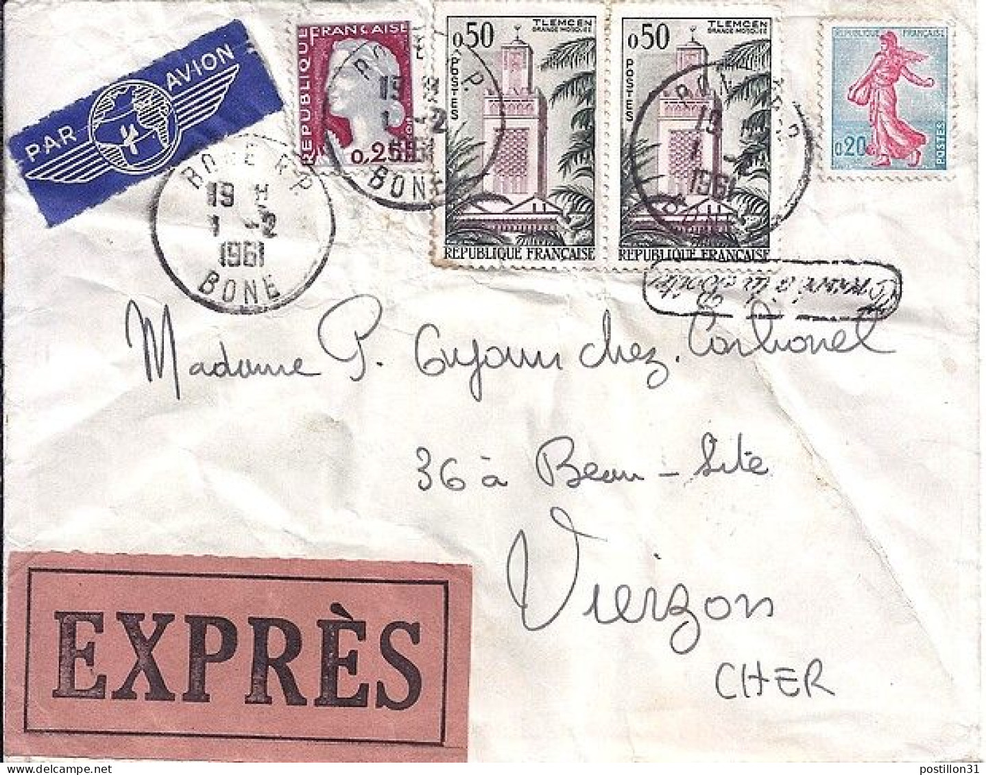 FRANCE N° 1238x2/1233/1263 S/L. EXPRES DE BONE/ALGERIE/1.2.61 - Cartas & Documentos