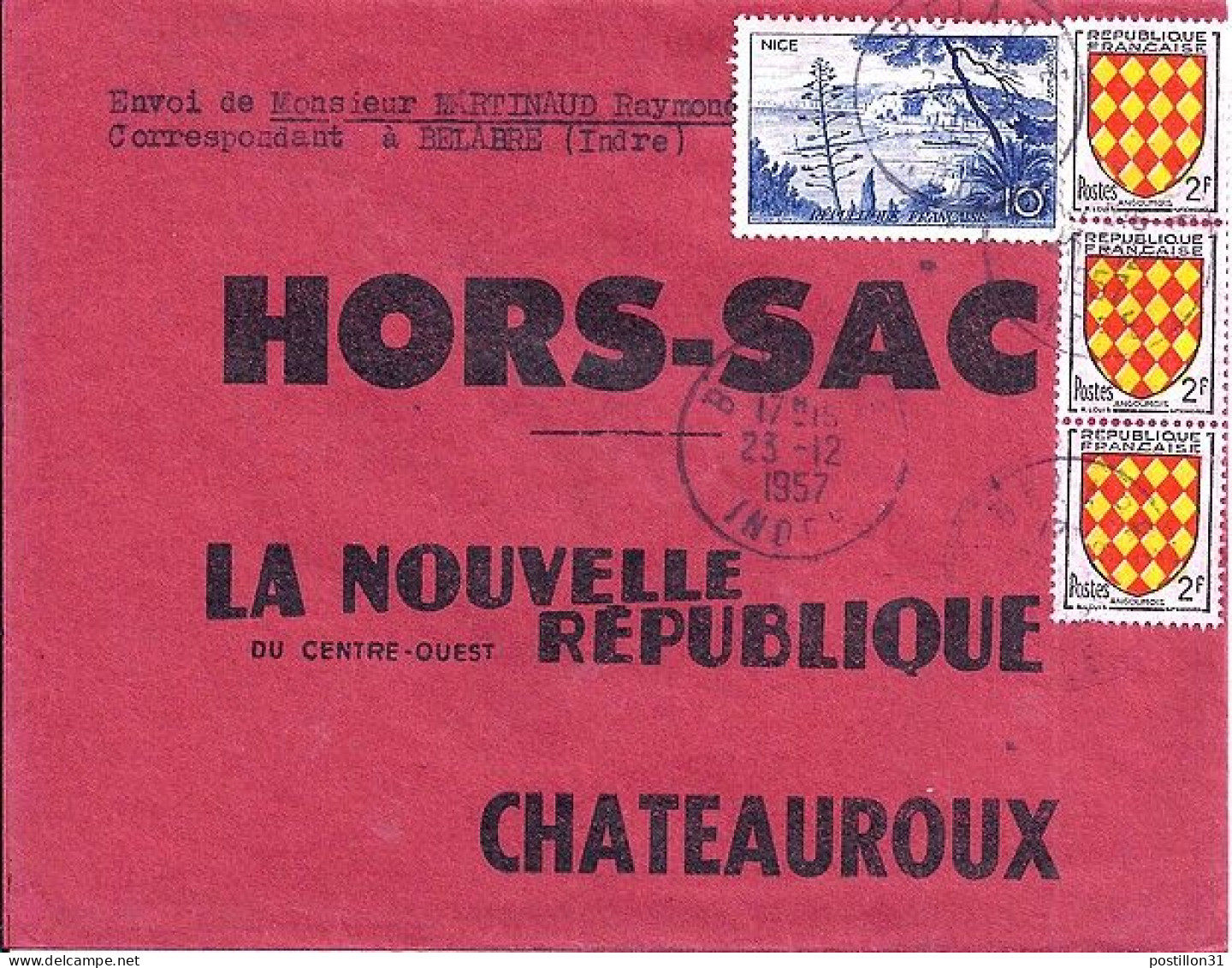 FRANCE N° 1038/1003x3 S/L. HORS SAC DE BELABRE/23.12.57 - Covers & Documents