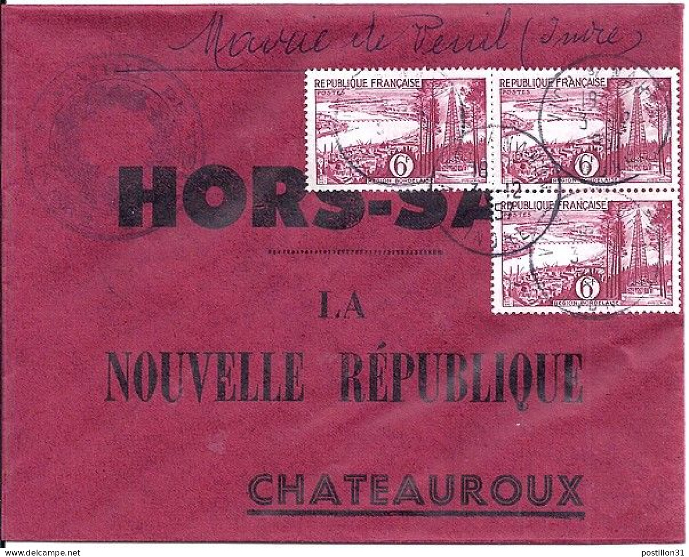 FRANCE N° 1036x3 S/L. HORS SAC DE VICQ S-NAHON/3.12.57 - Covers & Documents