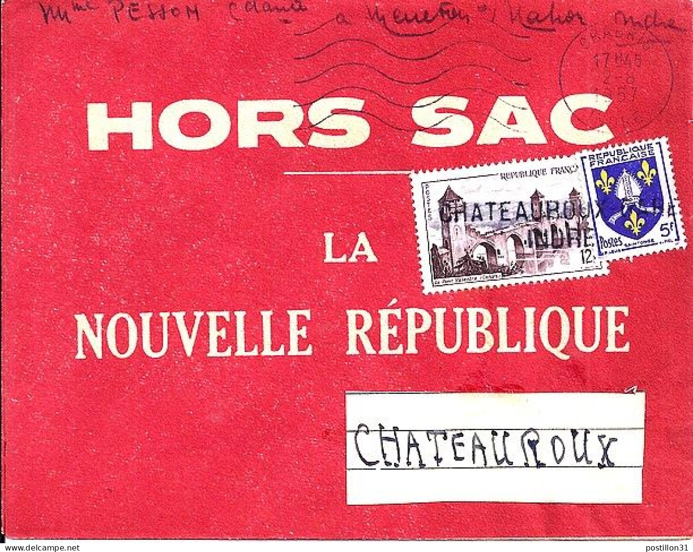 FRANCE N° 1039/1005 S/L. HORS SAC DE CHABRIS/2.8.57 - Covers & Documents