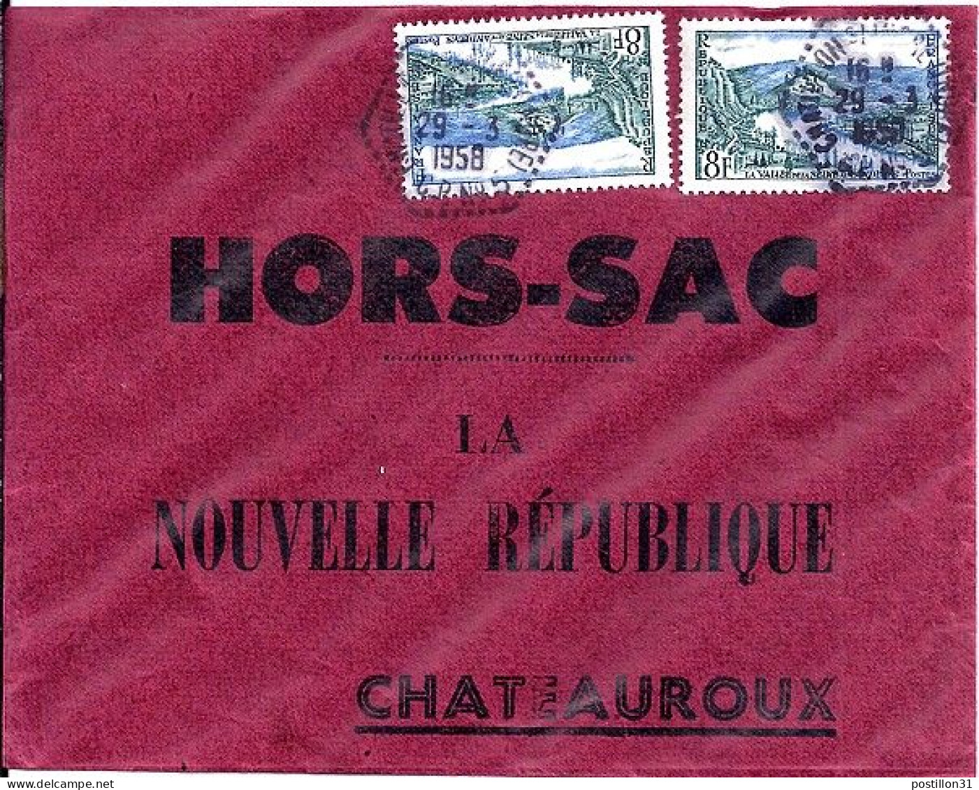 FRANCE N° 977 X 2 S/L. HORS SAC DE CHATILLON S-INDRE/29.3.58 - Covers & Documents