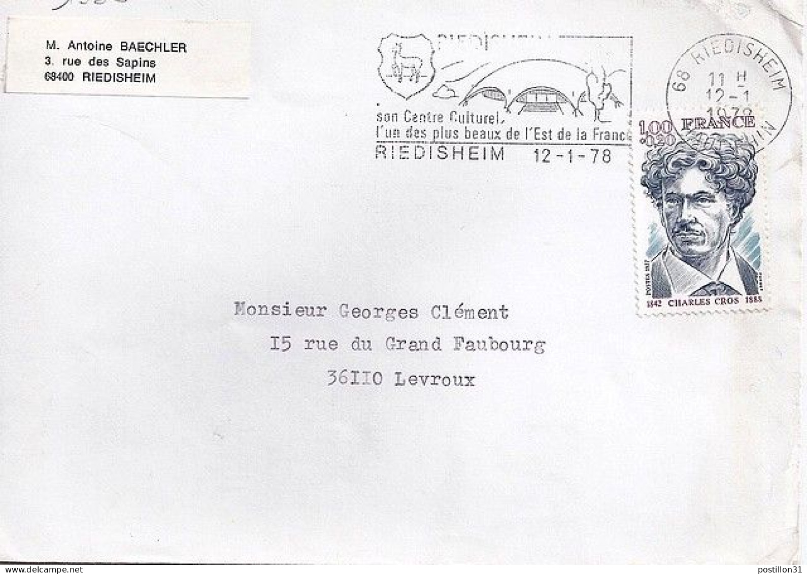 FRANCE N°  1956 S/L DE RIEDISHEIM/12.1.78 - Lettres & Documents