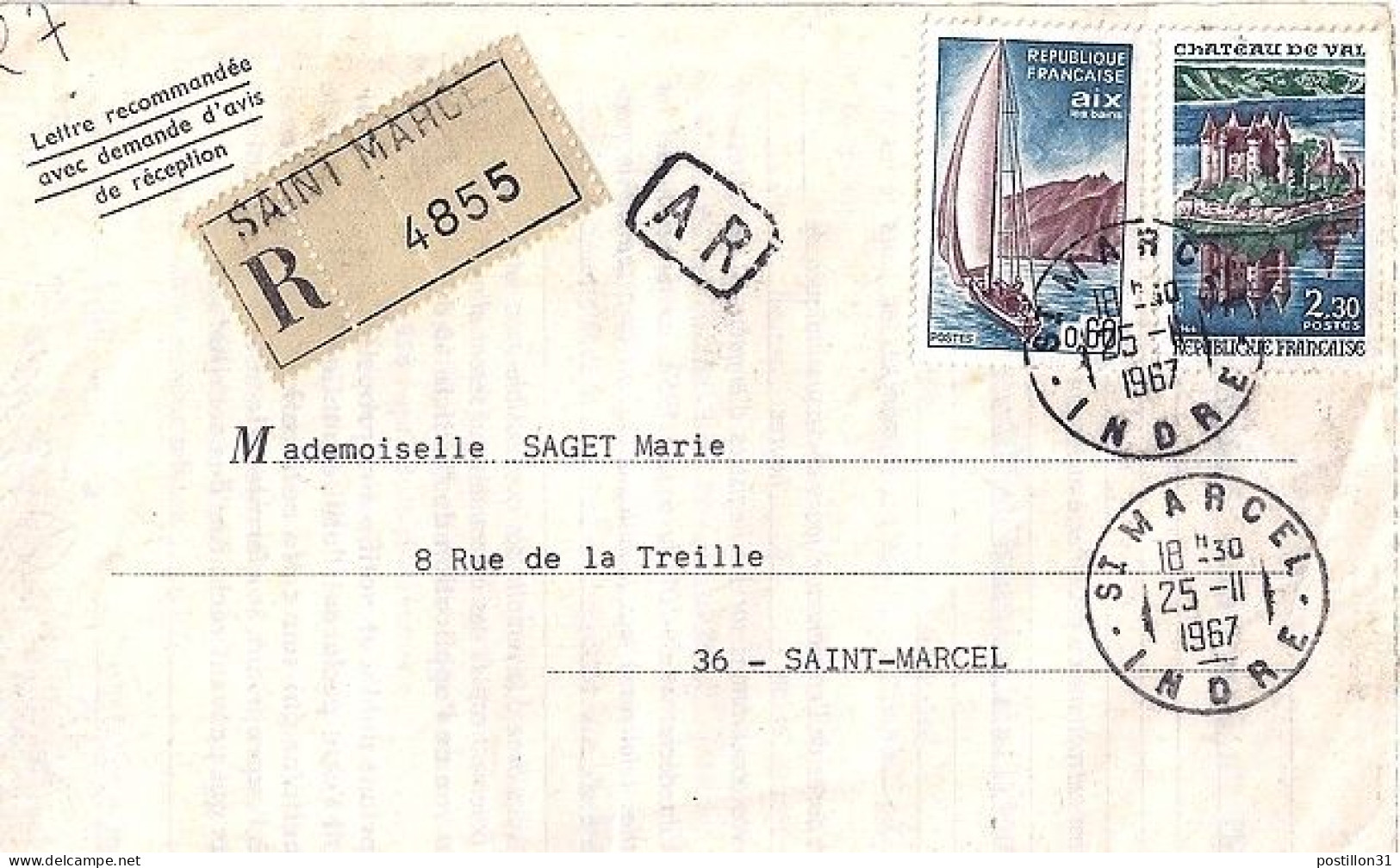 FRANCE N°  1437 S/LREC. DE ST MARCEL/25.11.67 - Storia Postale