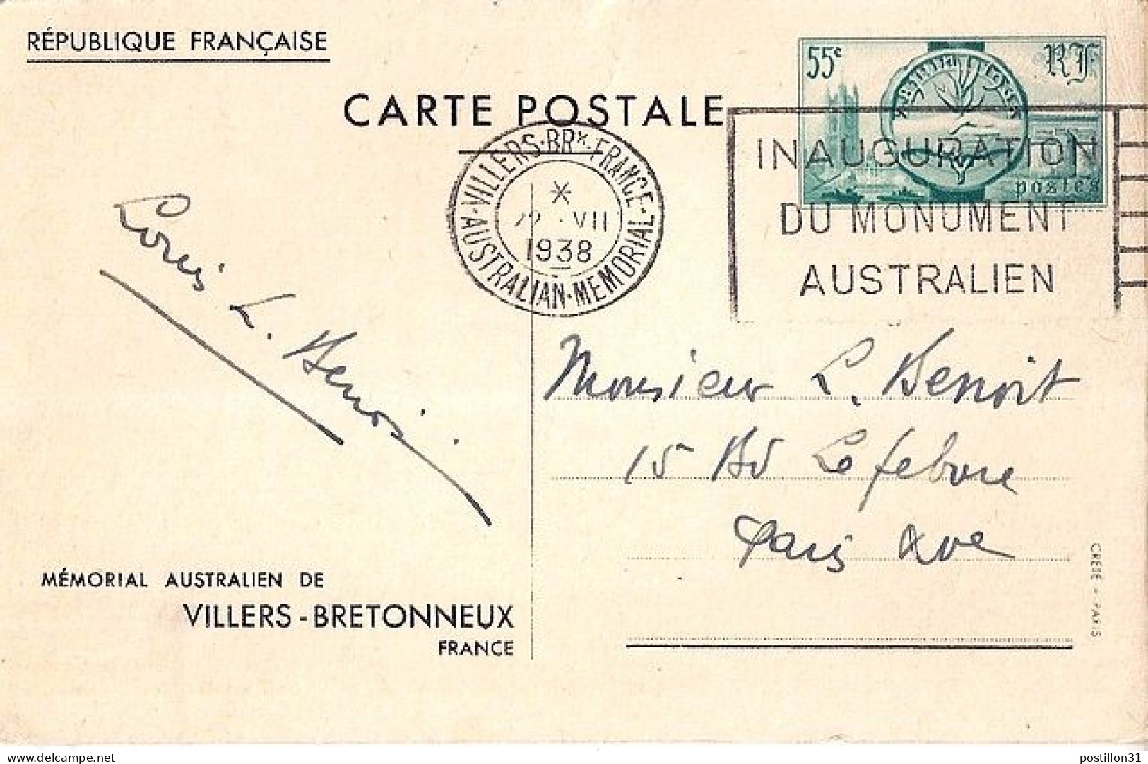 FRANCE N°  ENTIER 400-CP1 OBL. INAUGURATION Ment AUSTRALIEN/22.7.38 - Lettres & Documents