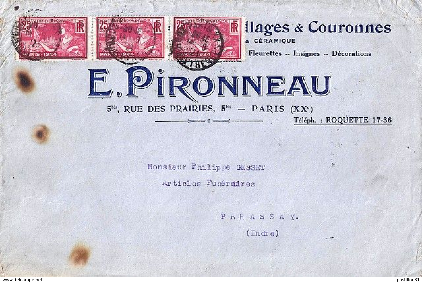 FRANCE N°  184x3 S/L DE PARIS XX / 14.8.24  - Briefe U. Dokumente