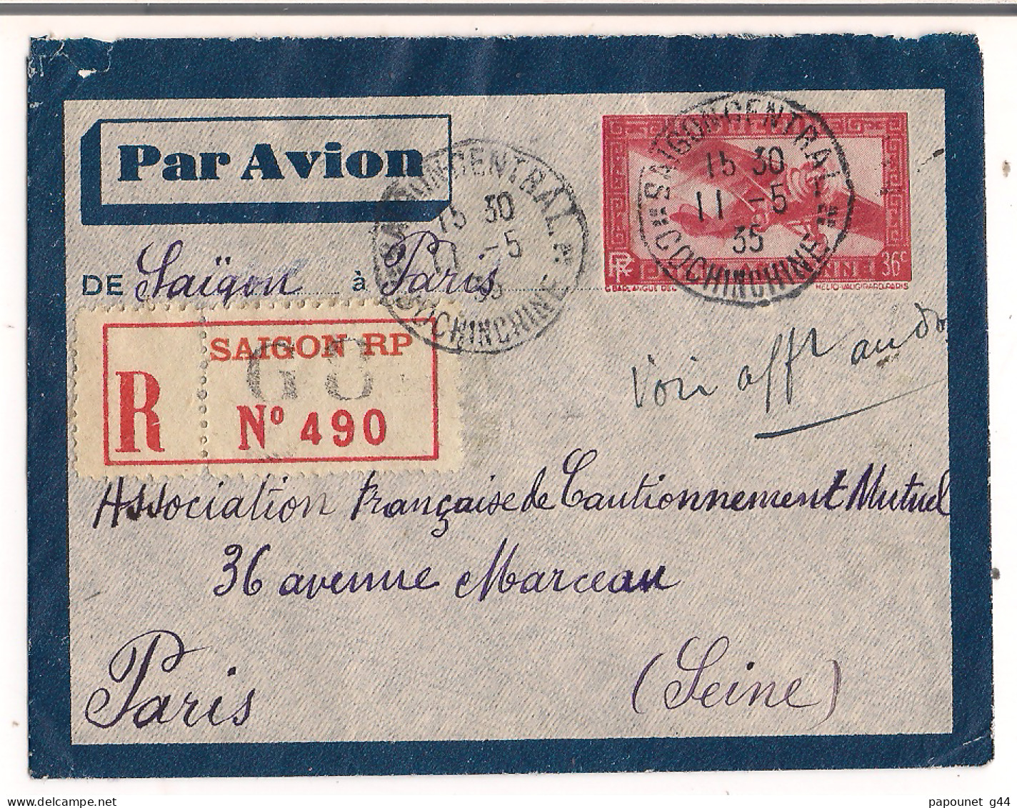 Lettre Recommandée Saïgon Cochinchine 1935 Destination Paris - Storia Postale