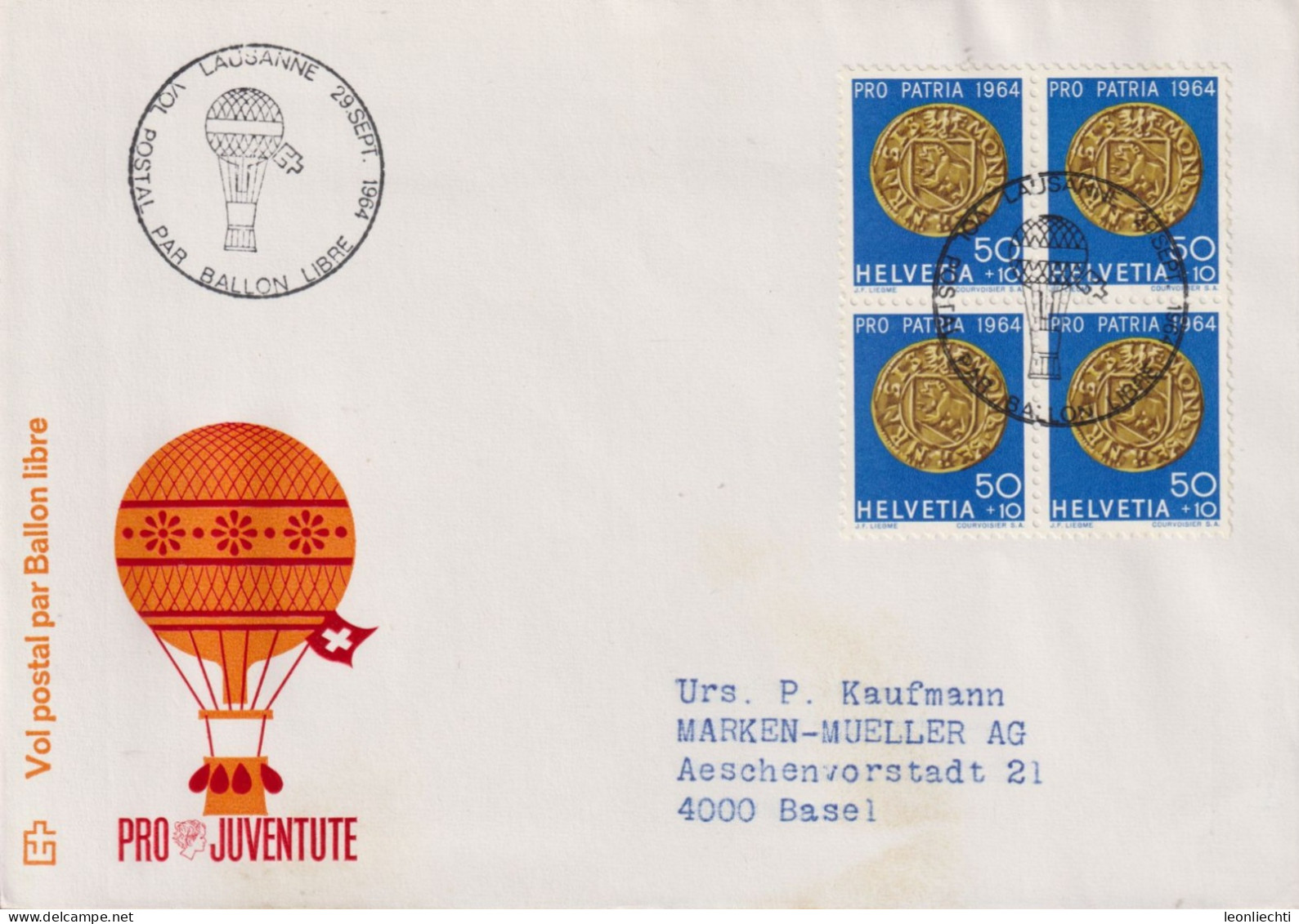 1964 Schweiz Brief ° Vol Postal Par Ballon Libre, Zum:CH B122, Mi:CH 799, 1/2 Goldgulden, Bern - Montgolfier