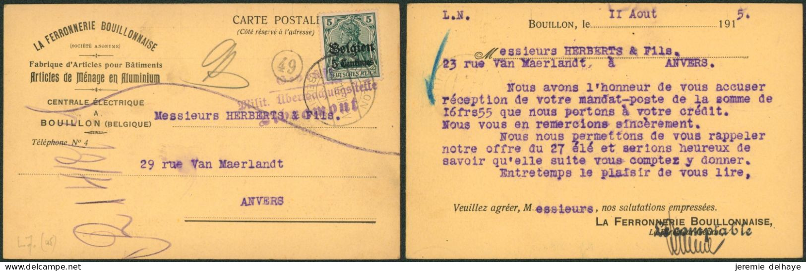 Guerre 14-18 - OC2 Sur CP Imprimée (La Ferronnerie Bouillonnaise) Expédié De Bouillon > Anvers - OC1/25 General Government