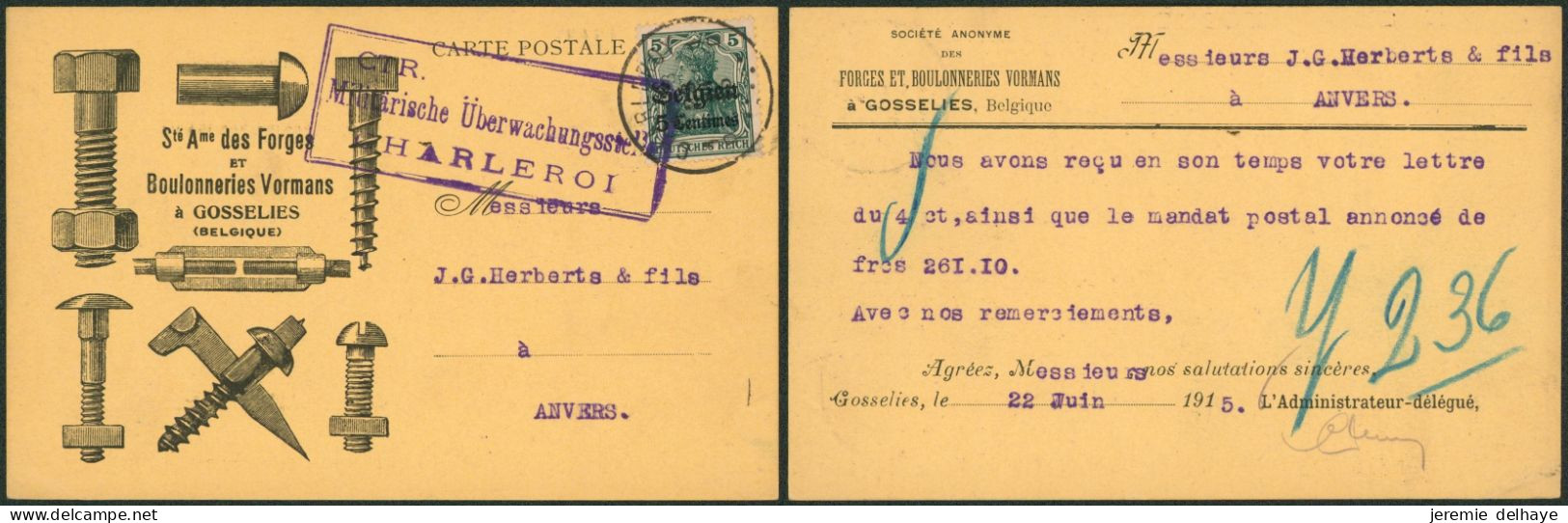Guerre 14-18 - OC2 Sur CP Imprimée (Forges Et Boulonneries Vormas, Gosselies) Expédié De Charleroy > Anvers - OC1/25 Governo Generale