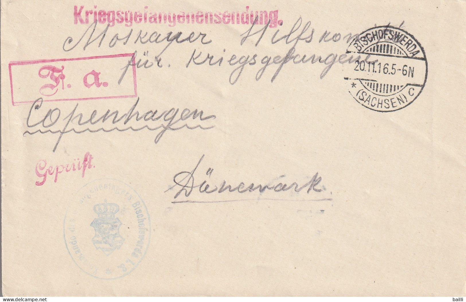 Allemagne Lettre Prisonnier De Guerre Bischofswerda Pour Le Danemark 1916 - Kriegsgefangenenpost