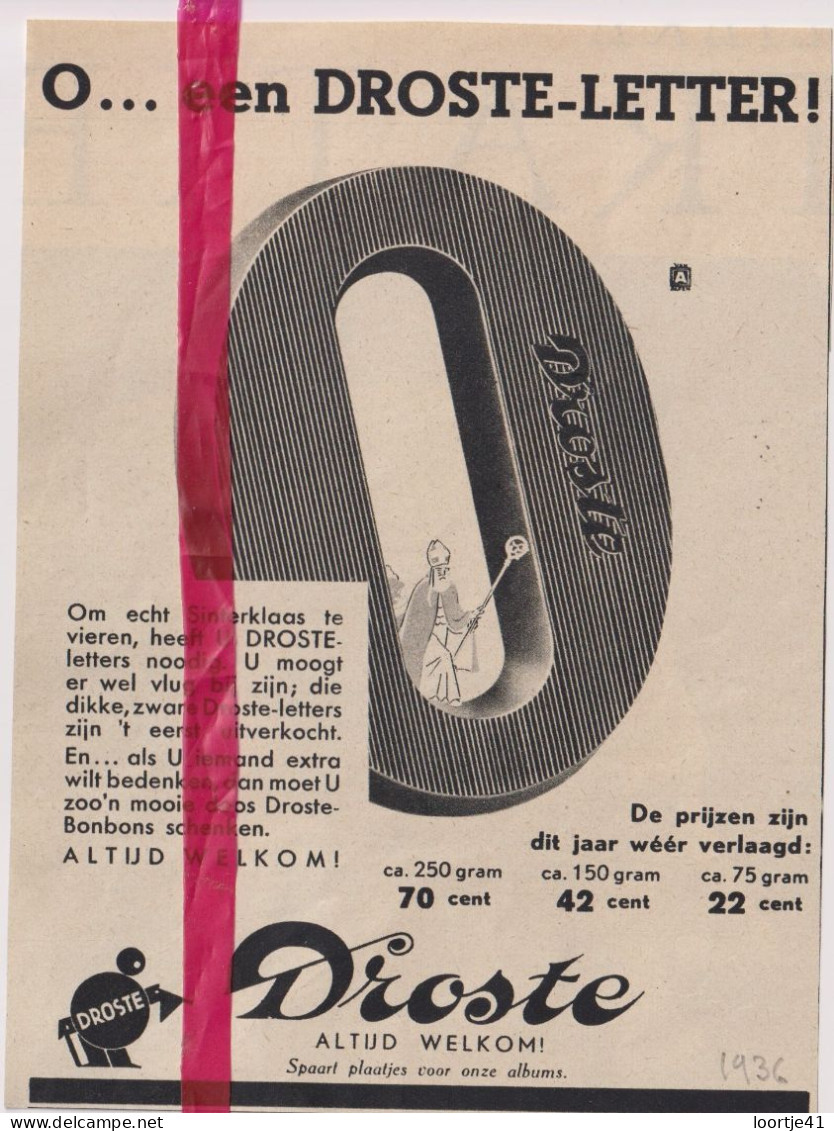 Pub Reclame - Chocolade Letters Droste - Orig. Knipsel Coupure Tijdschrift Magazine - 1936 - Non Classés
