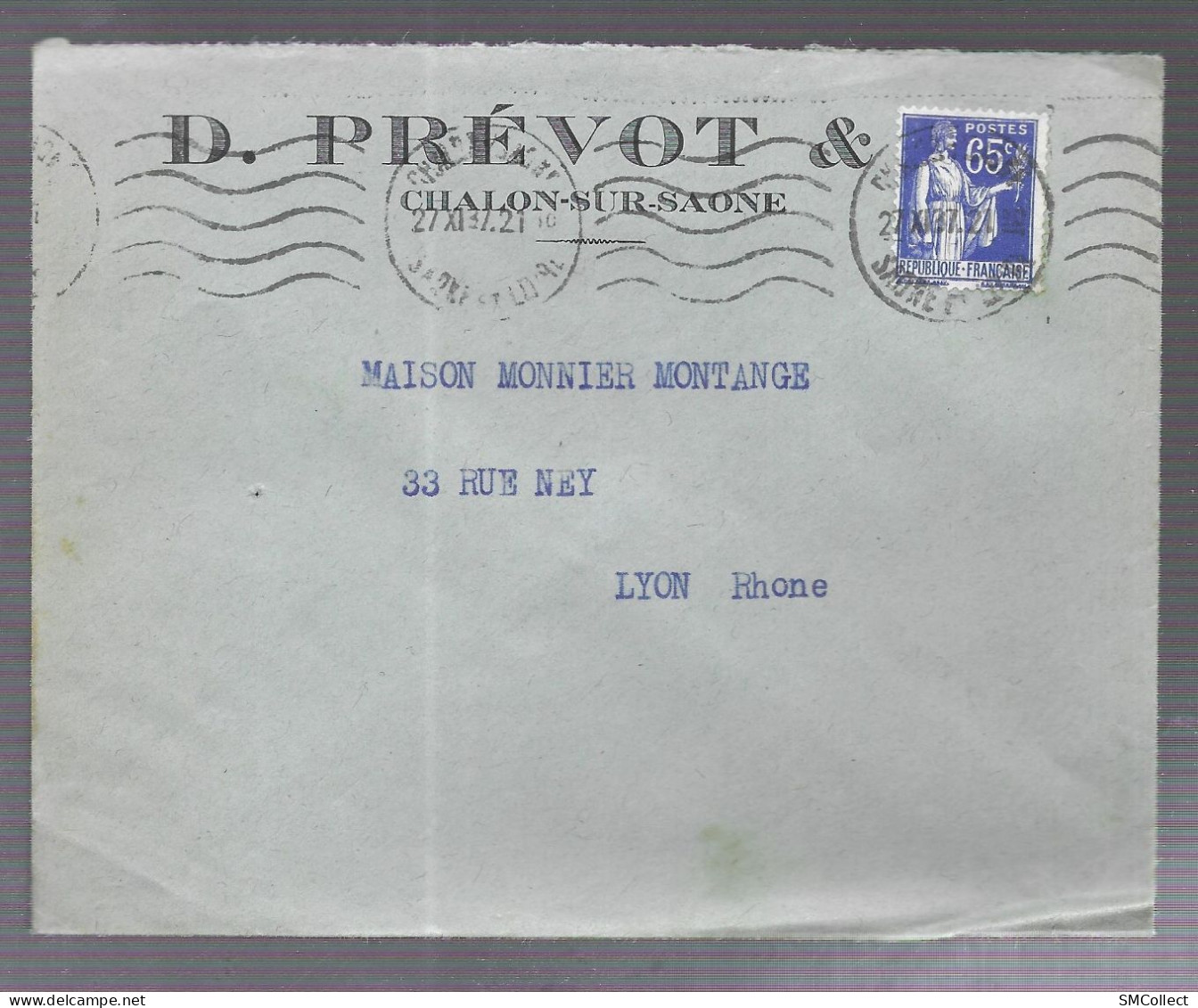 Chalon Sur Saône 1937. Oblitération Mécanique Sur Enveloppe à En-tête D. Prévost & Cie, Voyagée Vers Lyon (AS) - 1921-1960: Modern Period