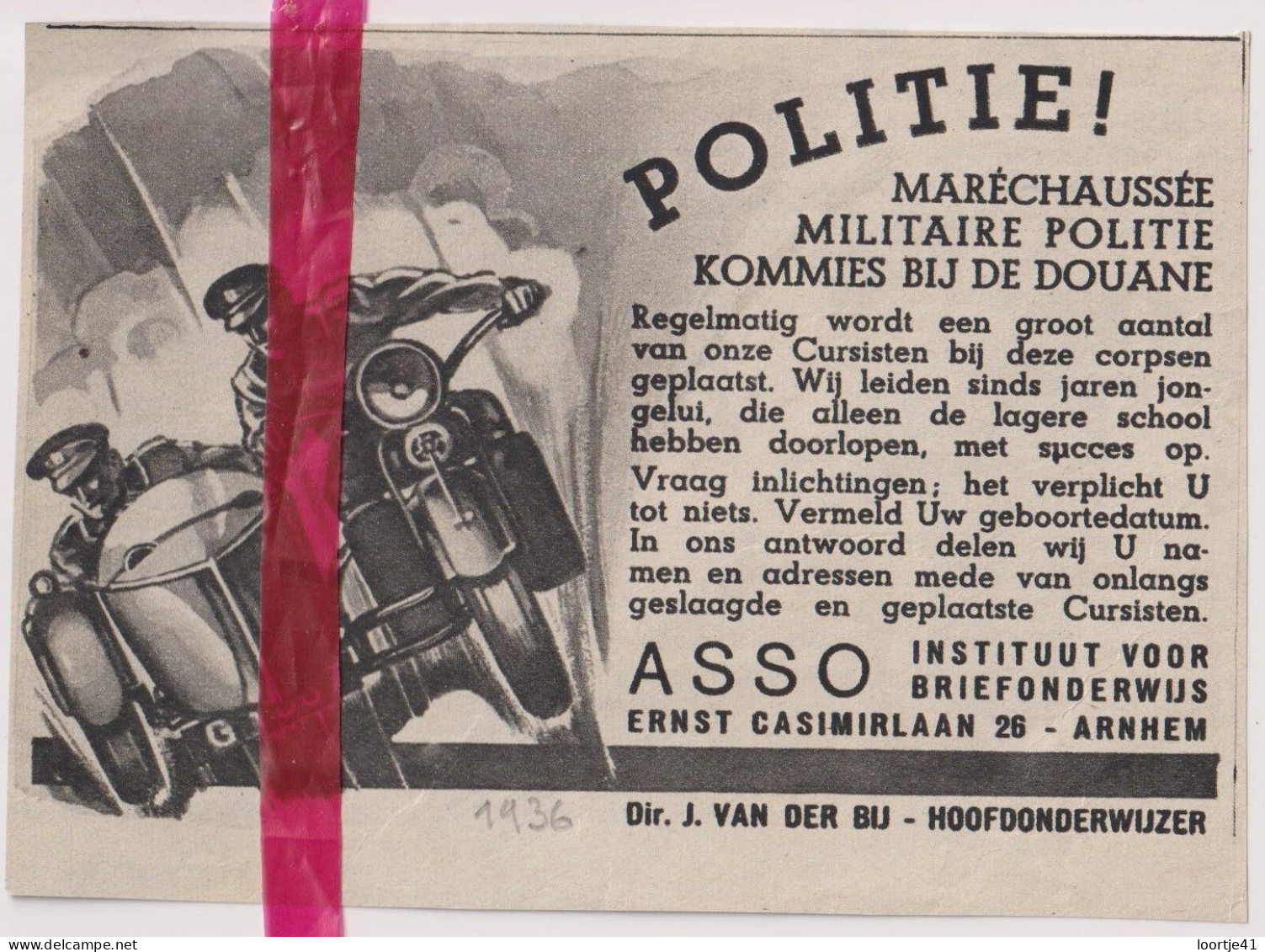 Pub Reclame - Agent Politie Via Schriftelijk Onderwijs Asso, Arnhem - Orig. Knipsel Coupure Tijdschrift Magazine - 1936 - Zonder Classificatie