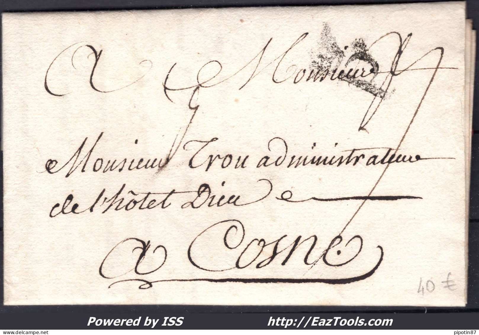 FRANCE MARQUE POSTALE POUR COSNE AVEC GRIFFE P NOIR COURONNÉ DE 1772 - 1701-1800: Précurseurs XVIII