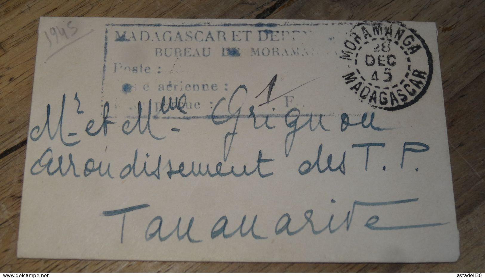 Enveloppe, MADAGASCAR, Bureau De MORAMANGA - 1945 ......... ..... 240424 ....... CL7-6 - Lettres & Documents