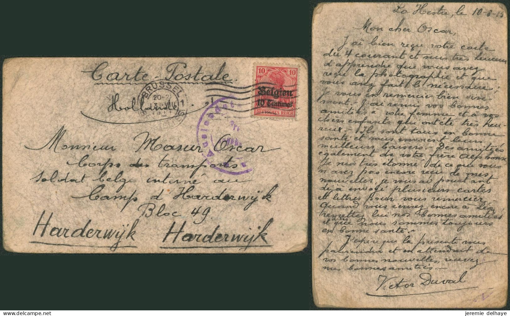 Guerre 14-18 - OC3 Sur Carte Postale à La Main Expédié De Bruxelles (1915) > Soldat Belge Interné Au Camp De Harderwijk - OC1/25 General Government