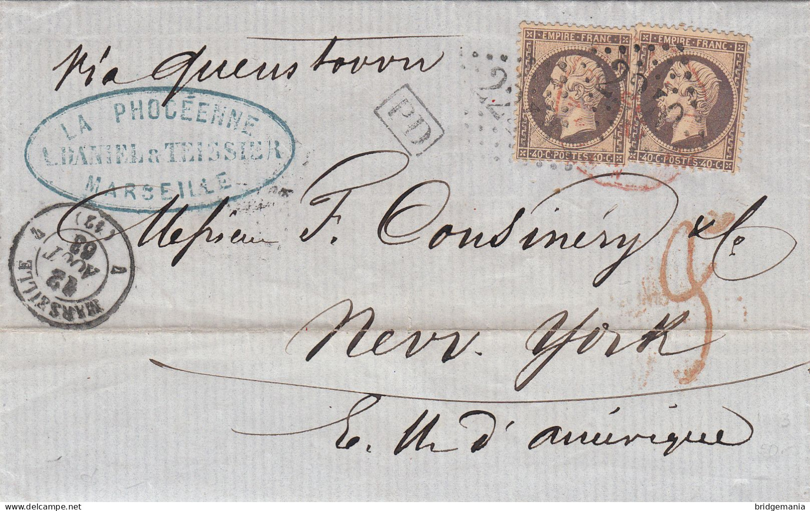 MTM135 - 1863 TRANSATLANTIC LETTER FRANCE TO USA Steamer PERSIA CUNARD - PAID - Marcophilie