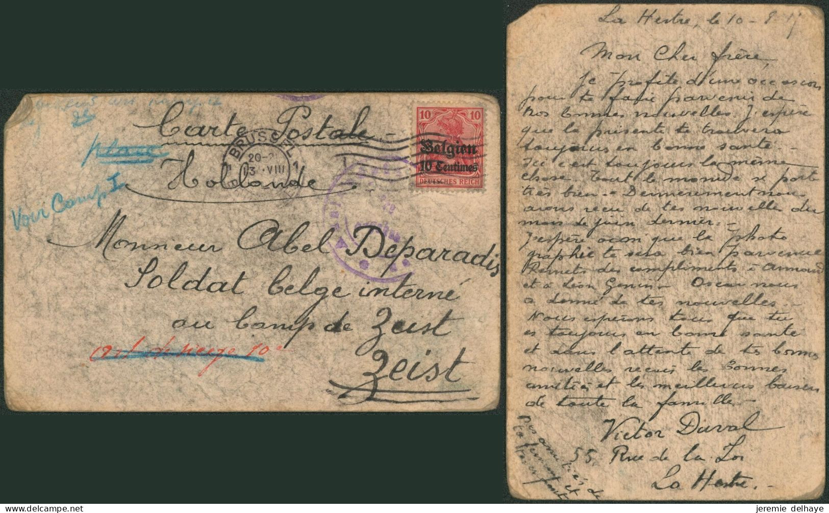 Guerre 14-18 - OC3 Sur Carte Postale à La Main Expédié De Bruxelles (1915) > Soldat Belge Interné Au Camp De Zeist - OC1/25 Generaal Gouvernement