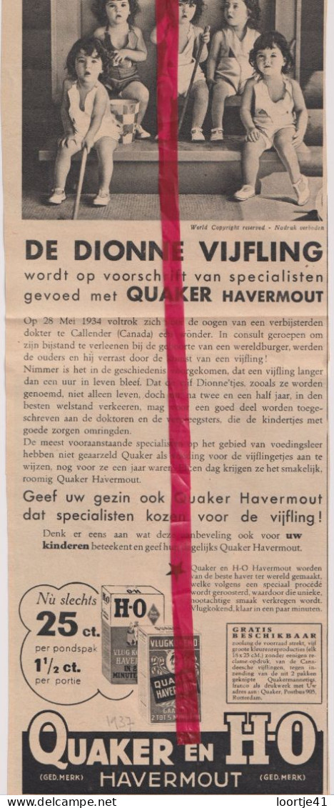 Pub Reclame - Quaker Havermout, Dionne Vijfling - Orig. Knipsel Coupure Tijdschrift Magazine - 1937 - Ohne Zuordnung