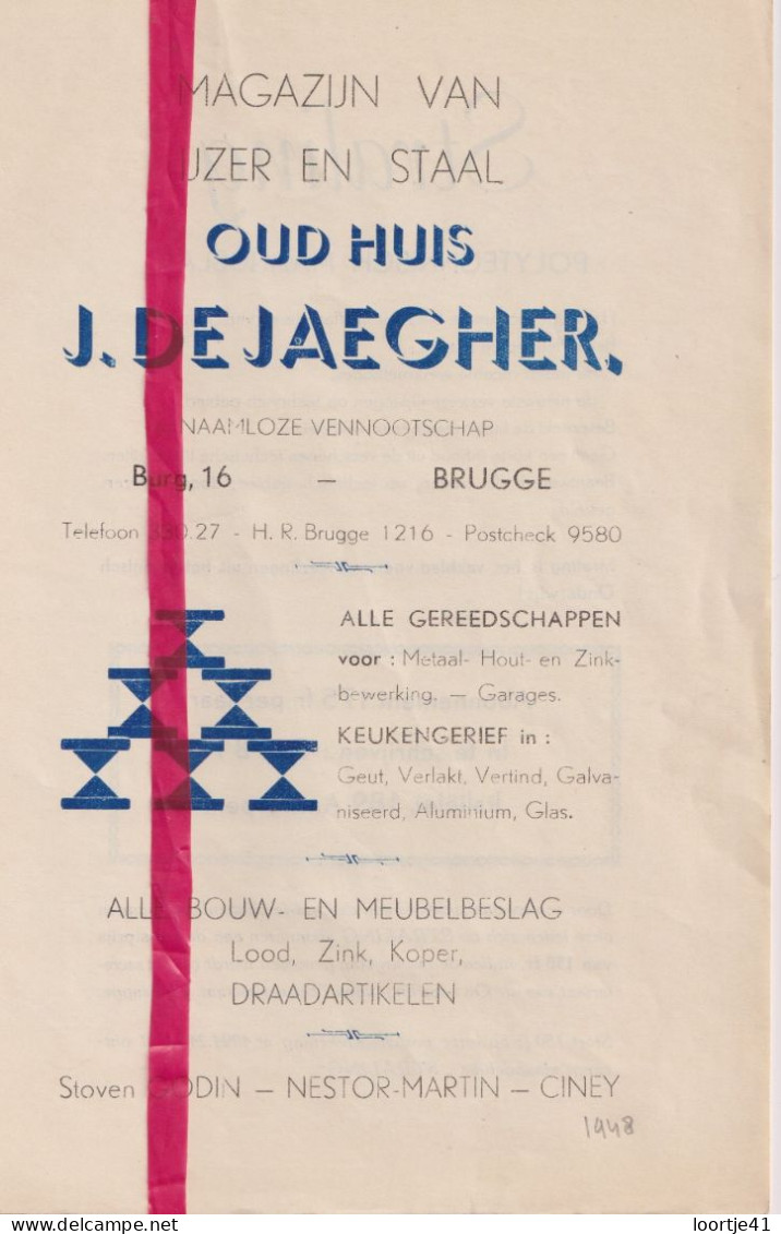 Pub Reclame - IJzer & Staal J. De Jaegher, Brugge - Orig. Knipsel Coupure Tijdschrift Magazine - 1948 - Unclassified