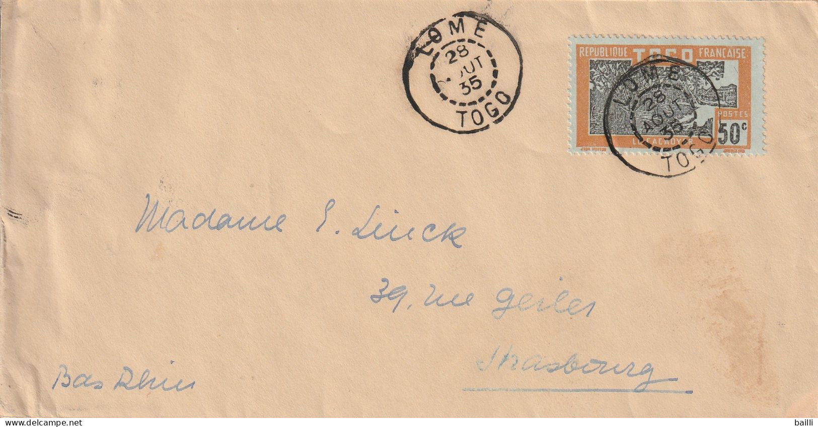 Togo Lettre Lomé Pour Strasbourg 1935 - Briefe U. Dokumente