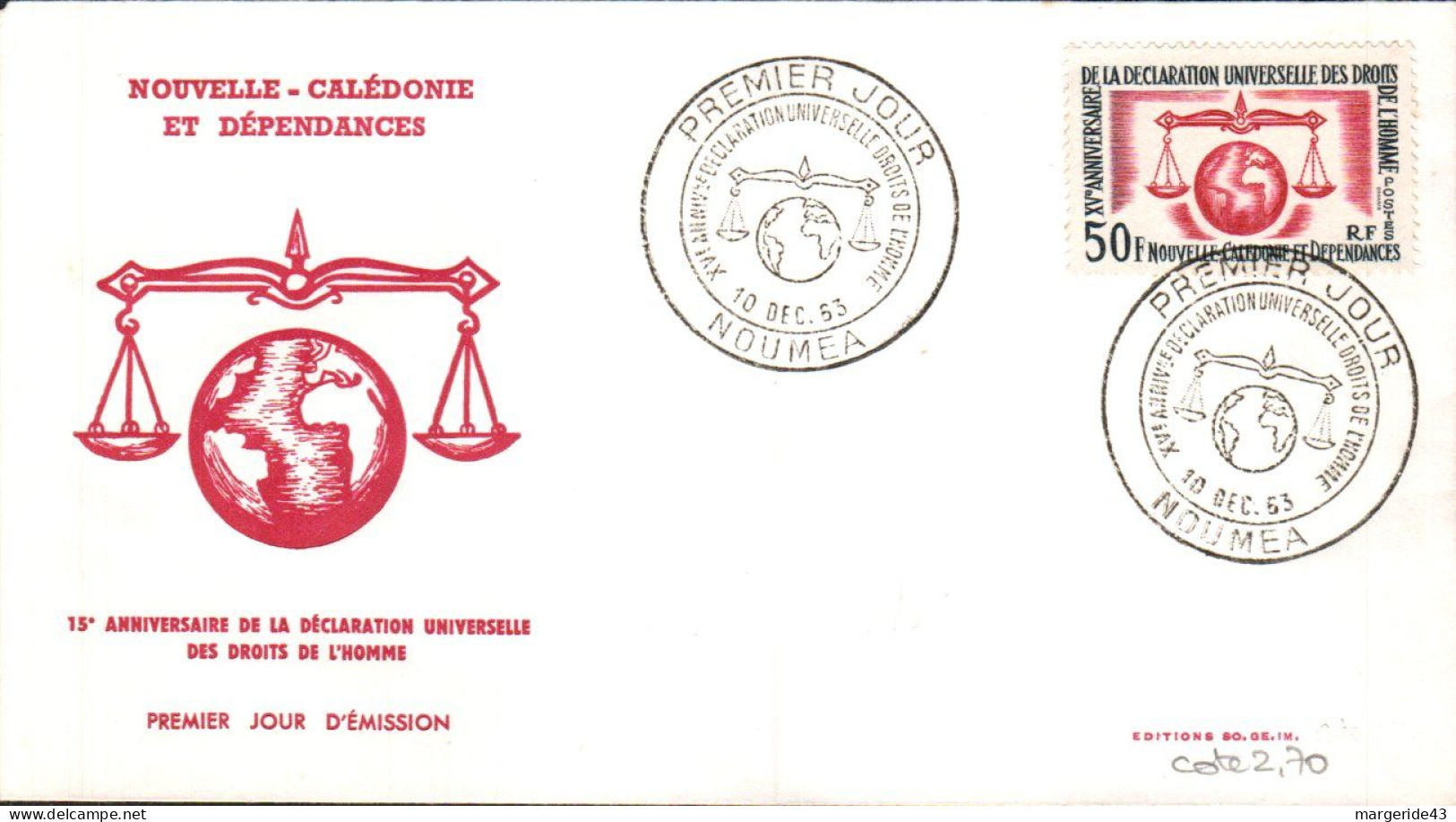 NOUVELLE CALEDONIE FDC 1963 DROITS DE L'HOMME - FDC