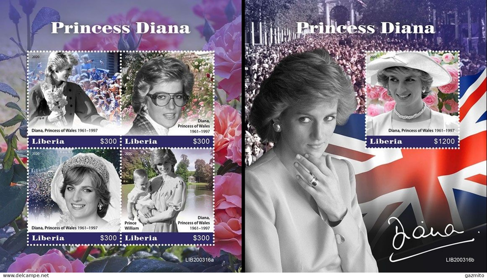Liberia 2020, Diana, Roses, 4val In BF +BF - Royalties, Royals