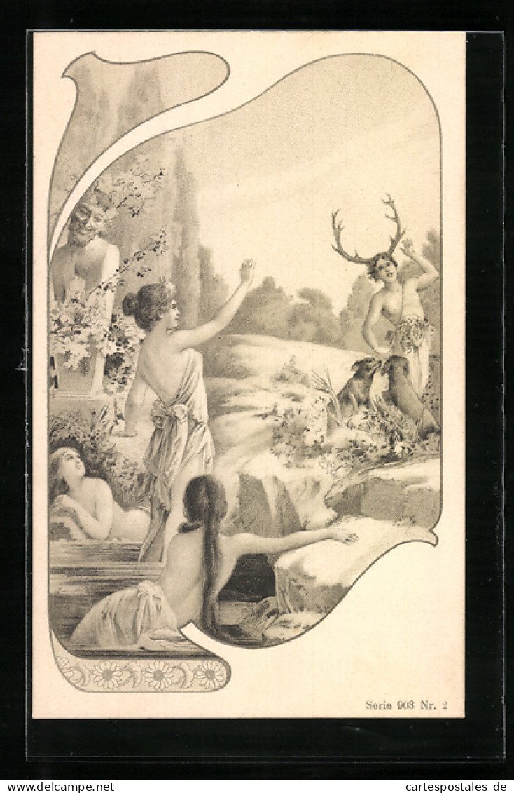 Lithographie Satyr, Maiden, Jüngling Mit Hirschgeweih, Jagd, Allegorie, Diana, Jugendstil  - Altri & Non Classificati