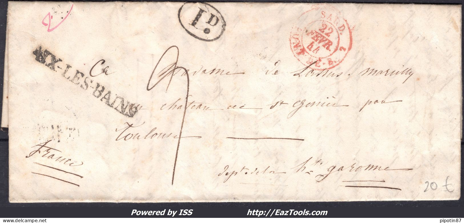FRANCE MARQUE POSTALE GRIFFE AIX LES BAINS + CAD ROUGE SARD PONT DE B DE 1844 - 1801-1848: Vorläufer XIX