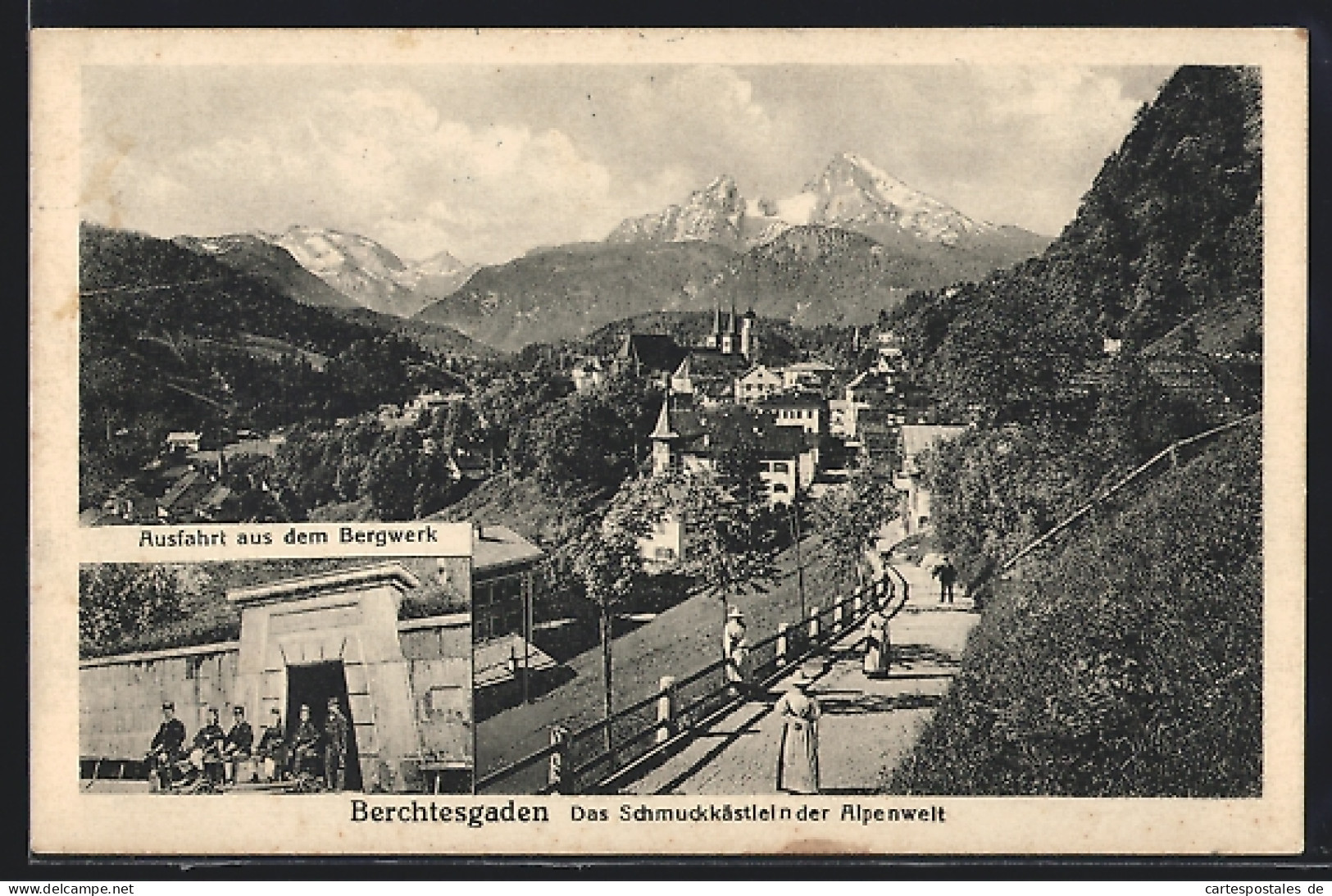 AK Berchtesgaden, Ortsansicht Mit Spaziergängern Und Ausfahrt Aus Dem Bergwerk  - Berchtesgaden