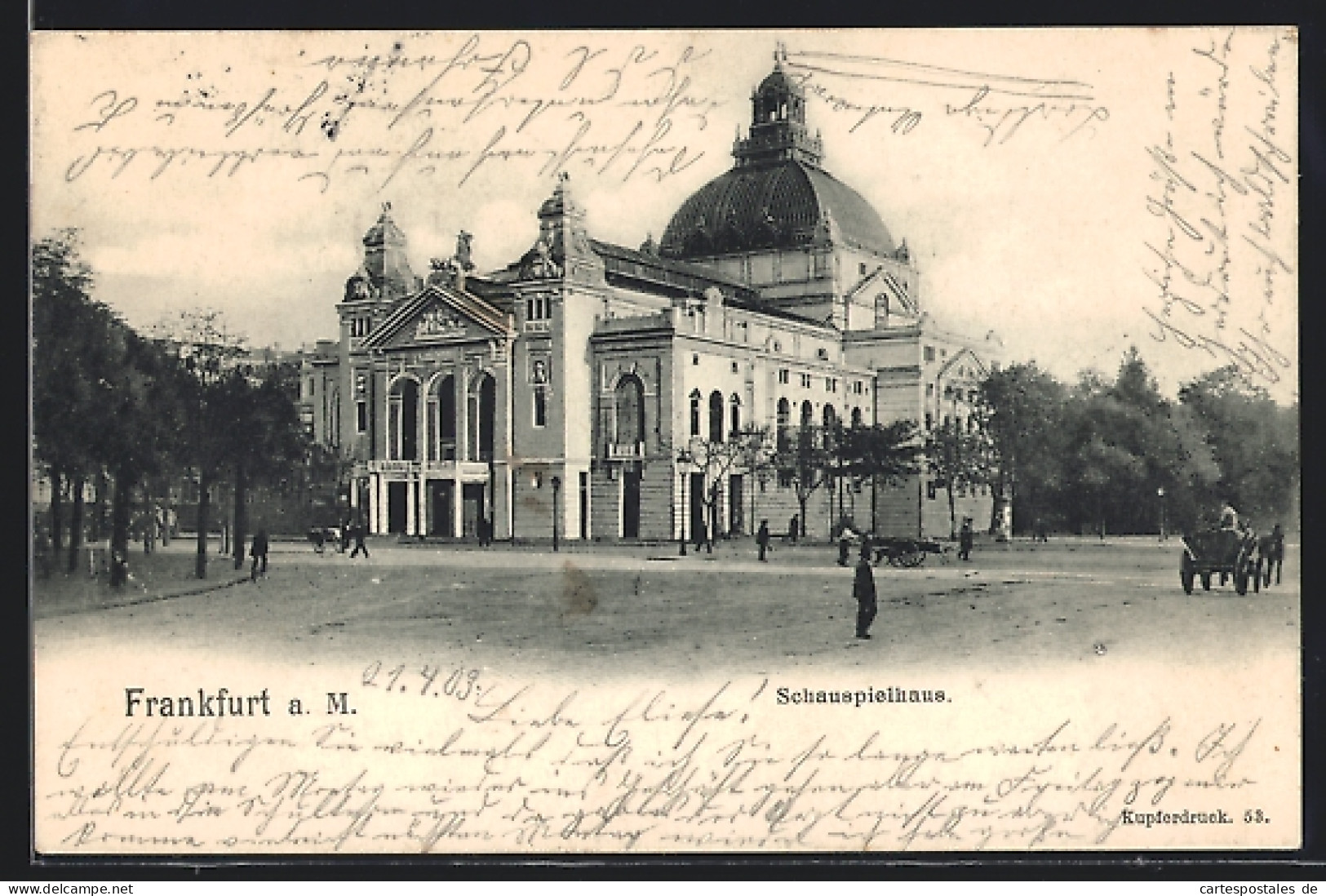 AK Frankfurt A. M., Schauspielhaus Mit Pferdekarren Und Passanten  - Frankfurt A. Main