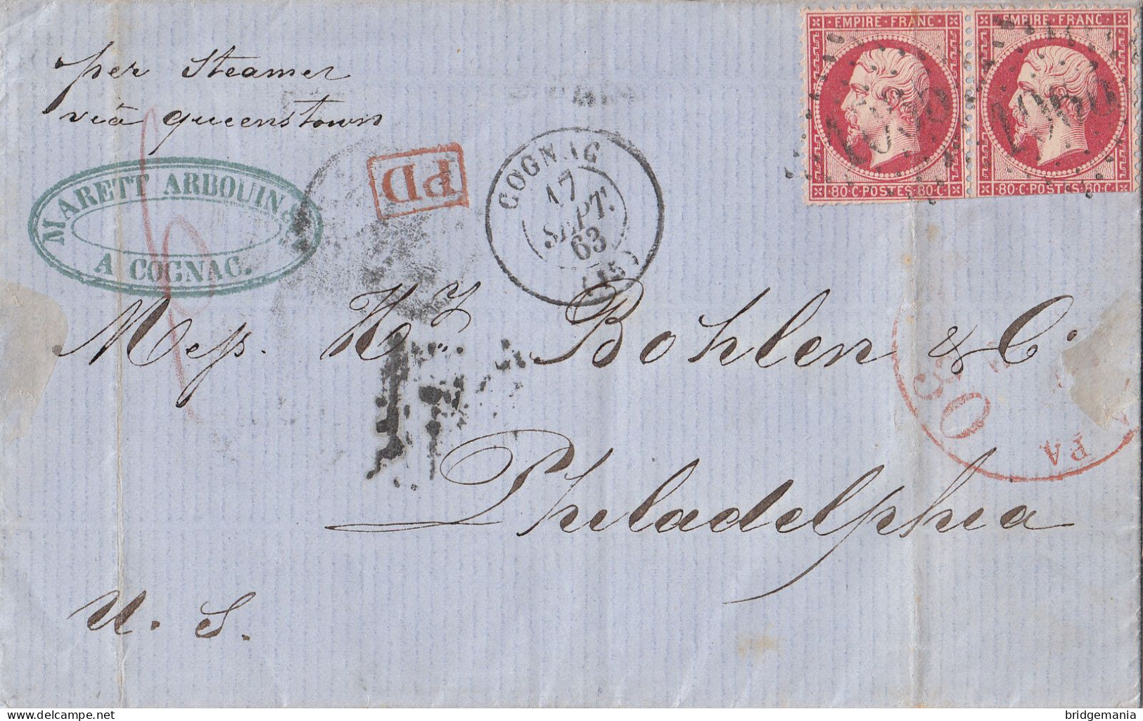 MTM136 - 1863 TRANSATLANTIC LETTER FRANCE TO USA Steamer EUROPA CUNARD - PAID - 2 RATE - Marcophilie