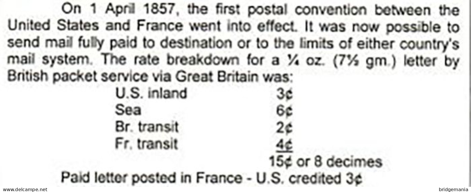 MTM136 - 1863 TRANSATLANTIC LETTER FRANCE TO USA Steamer EUROPA CUNARD - PAID - 2 RATE - Postal History