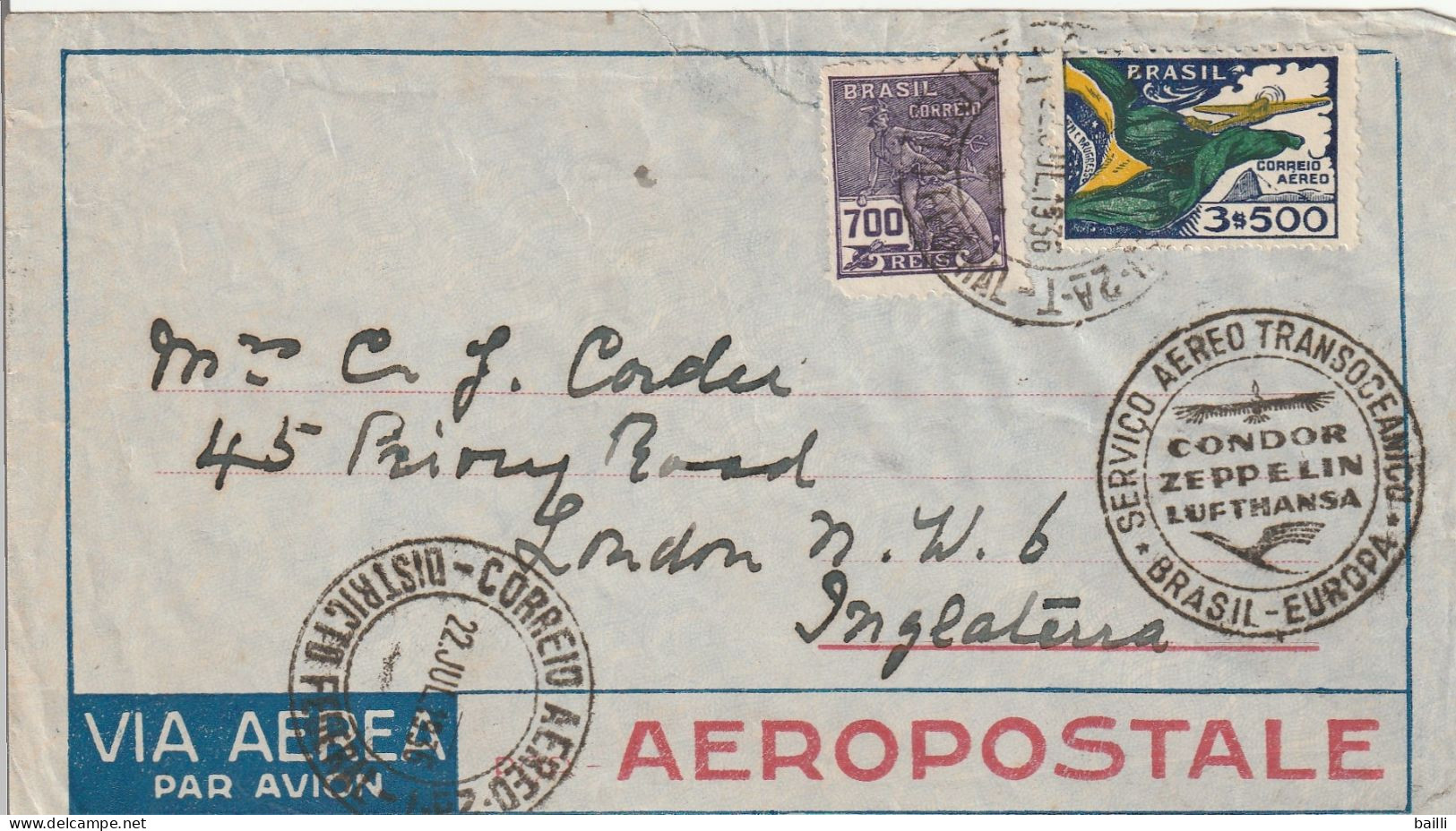 Zeppelin Brésil Lettre Pour L'Angleterre 1936 - Zeppelin