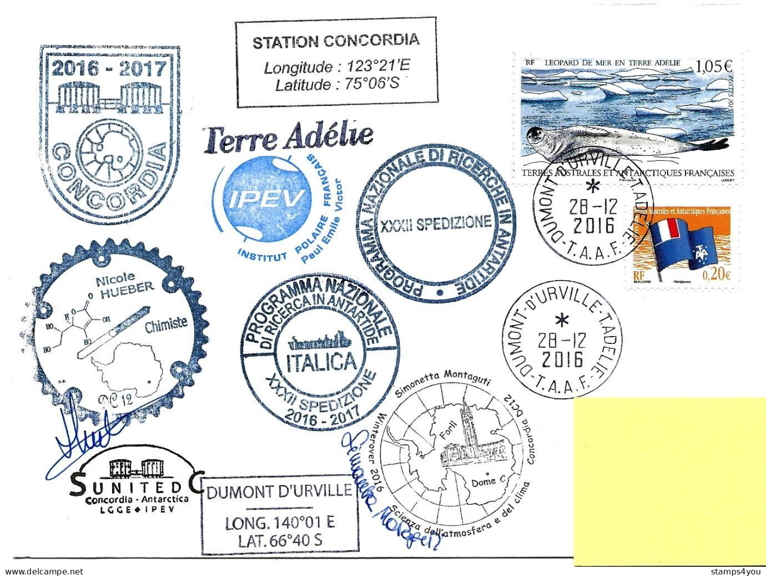 47 - 2 - Superbe Enveloppe TAAF Base Concordia 2016 - Cachets Illustrés Et Signatures - Onderzoeksstations