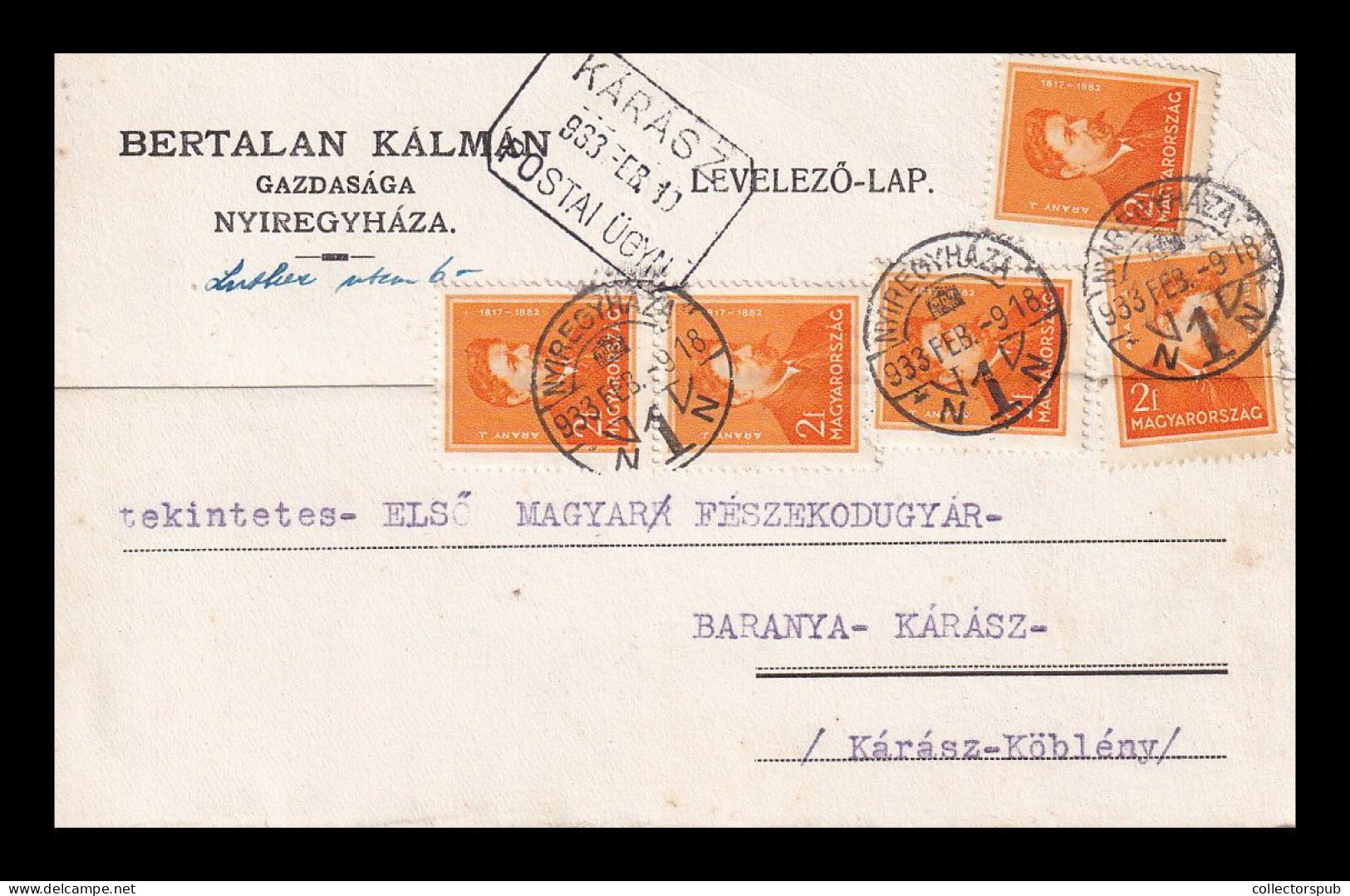 NYÍREGYHÁZA 1933. Postcard With Nice Franking And Cancellation - Brieven En Documenten