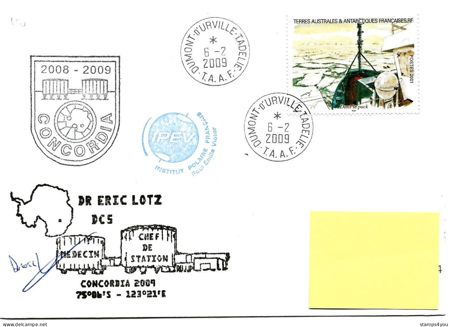 255 - 7 - TAAF Base Concordia 20099 - Cachets Illustrés Et Signature - Bases Antarctiques