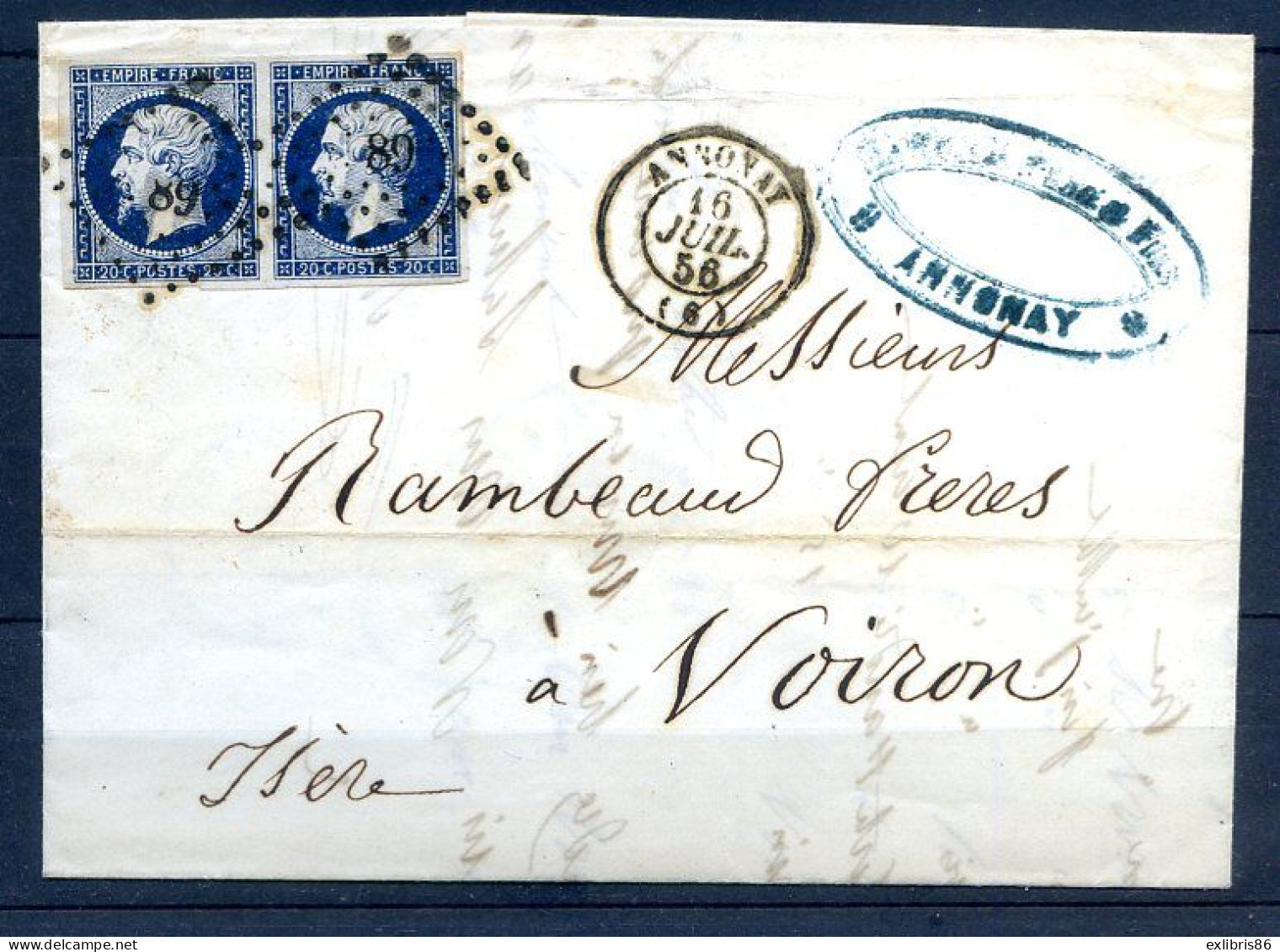 200324 LETTRE N° 14 EN PAIRE   BLEU NOIR  PC 89     ANNONAY - 1849-1876: Période Classique