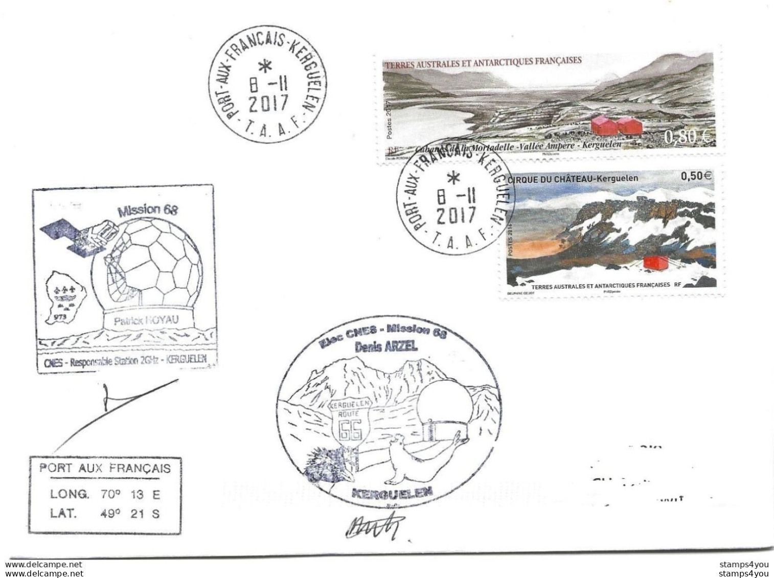 255 - 8 - Enveloppe TAAF Kerguelen - Cachets Station CNES 2017 - Bases Antarctiques