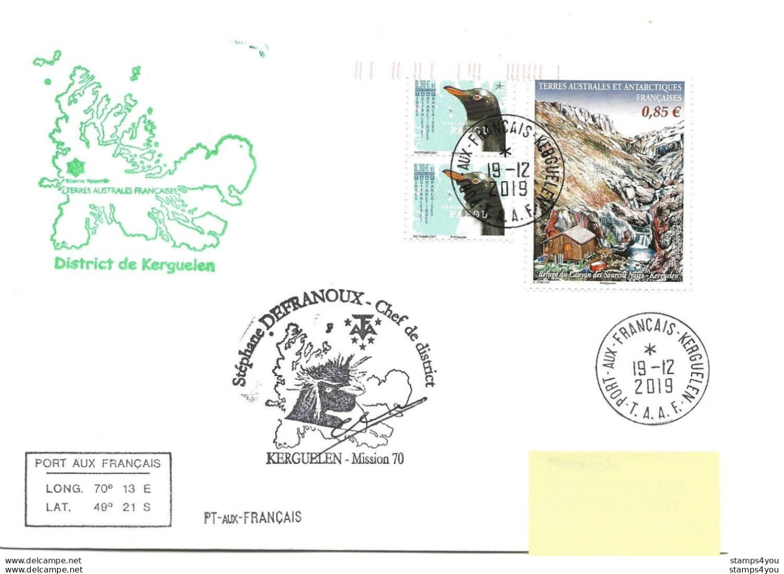 255 - 16 - Enveloppe TAAF Kerguelen - Cachets Illustrés Chef De District Mission 70 - 2019 - Research Stations