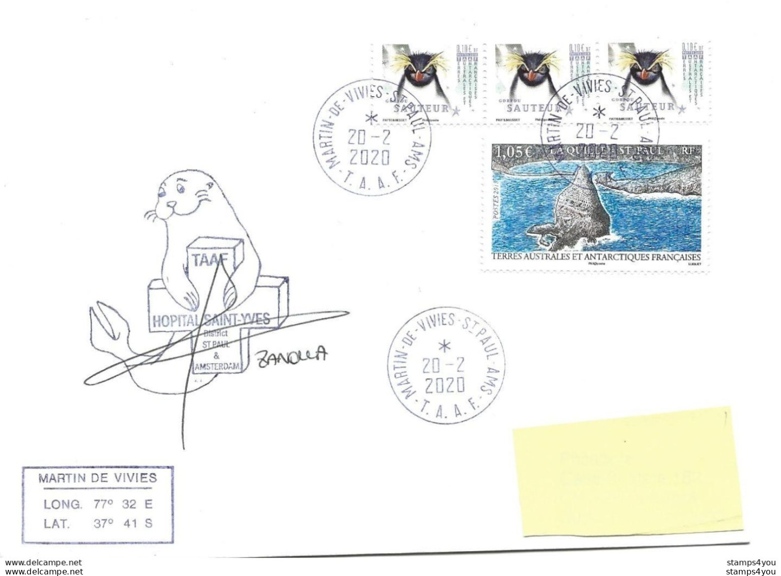255 - 22 - Enveloppe TAAF St Paul Amsterdam Cachet Illustré 2020 - Bases Antarctiques